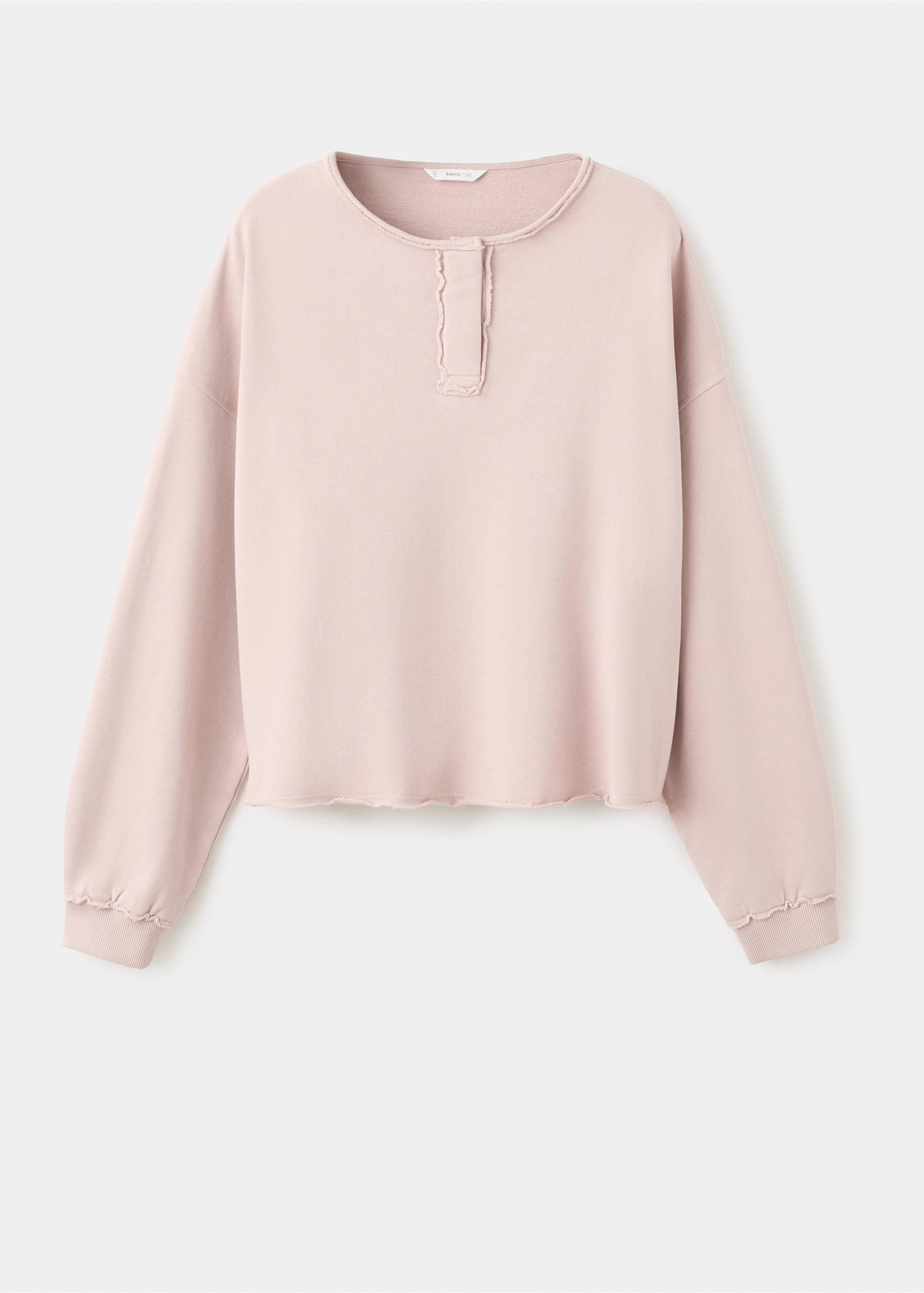 Pale pink sweatshirt with raw-edge frayed trim and a short front placket., Pink. Ref: 27031517-00.
