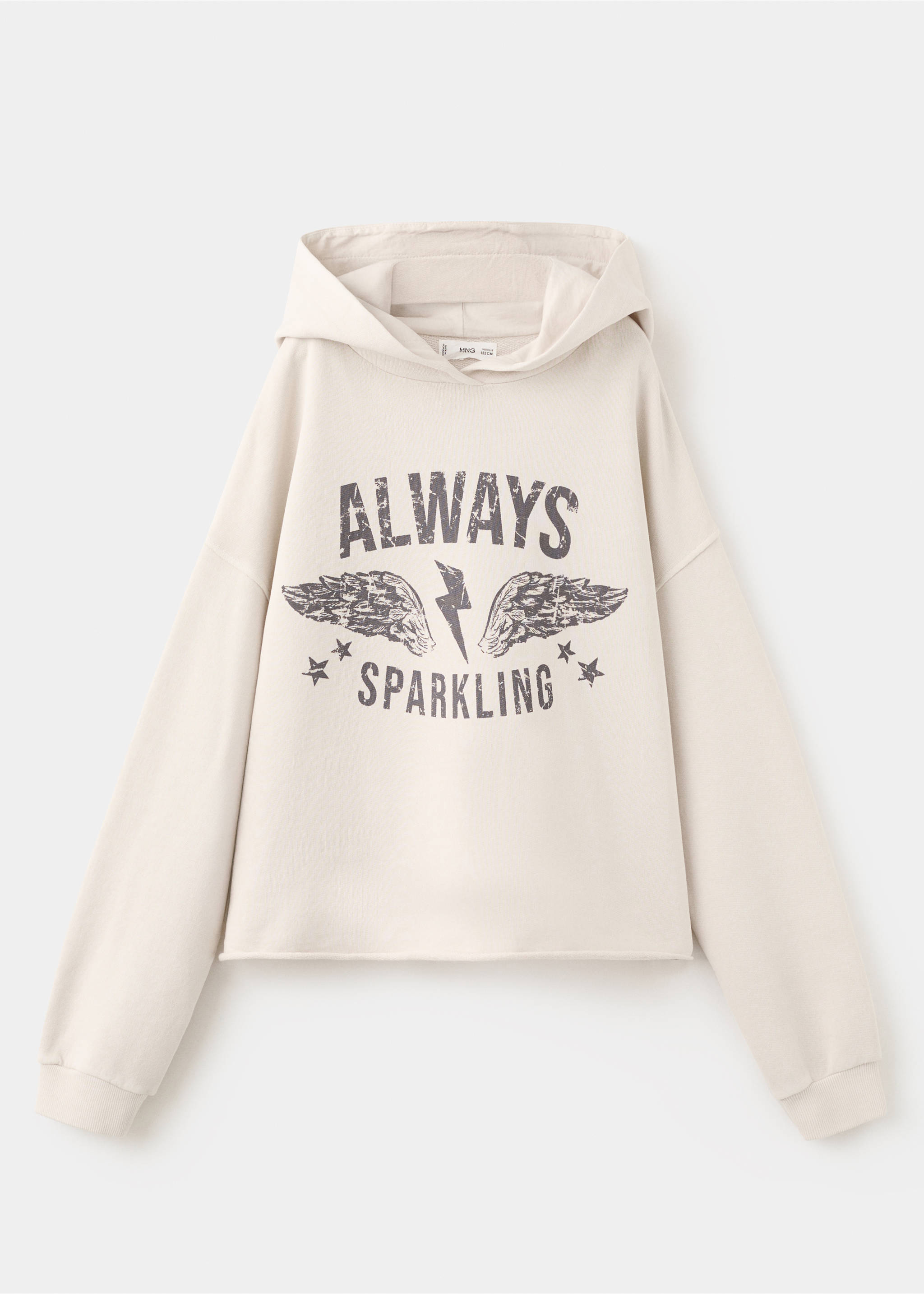 Cream kids' hoodie with a distressed graphic print, long sleeves, and a raw hem., Ecru. Ref: 27031538-00.