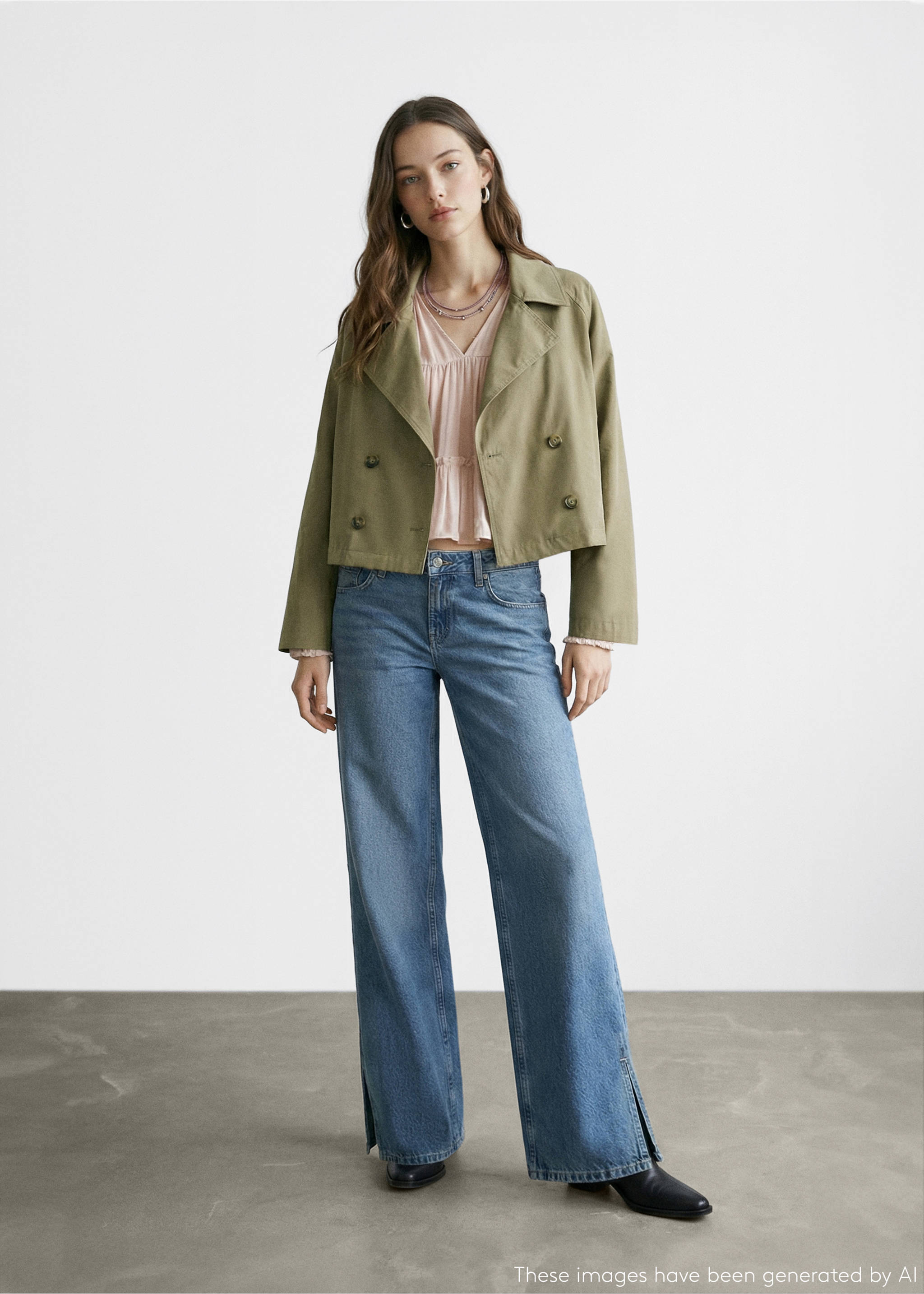 Olive green cropped trench jacket worn with a pink blouse and blue trousers., Khaki. Ref: 27034057-00.