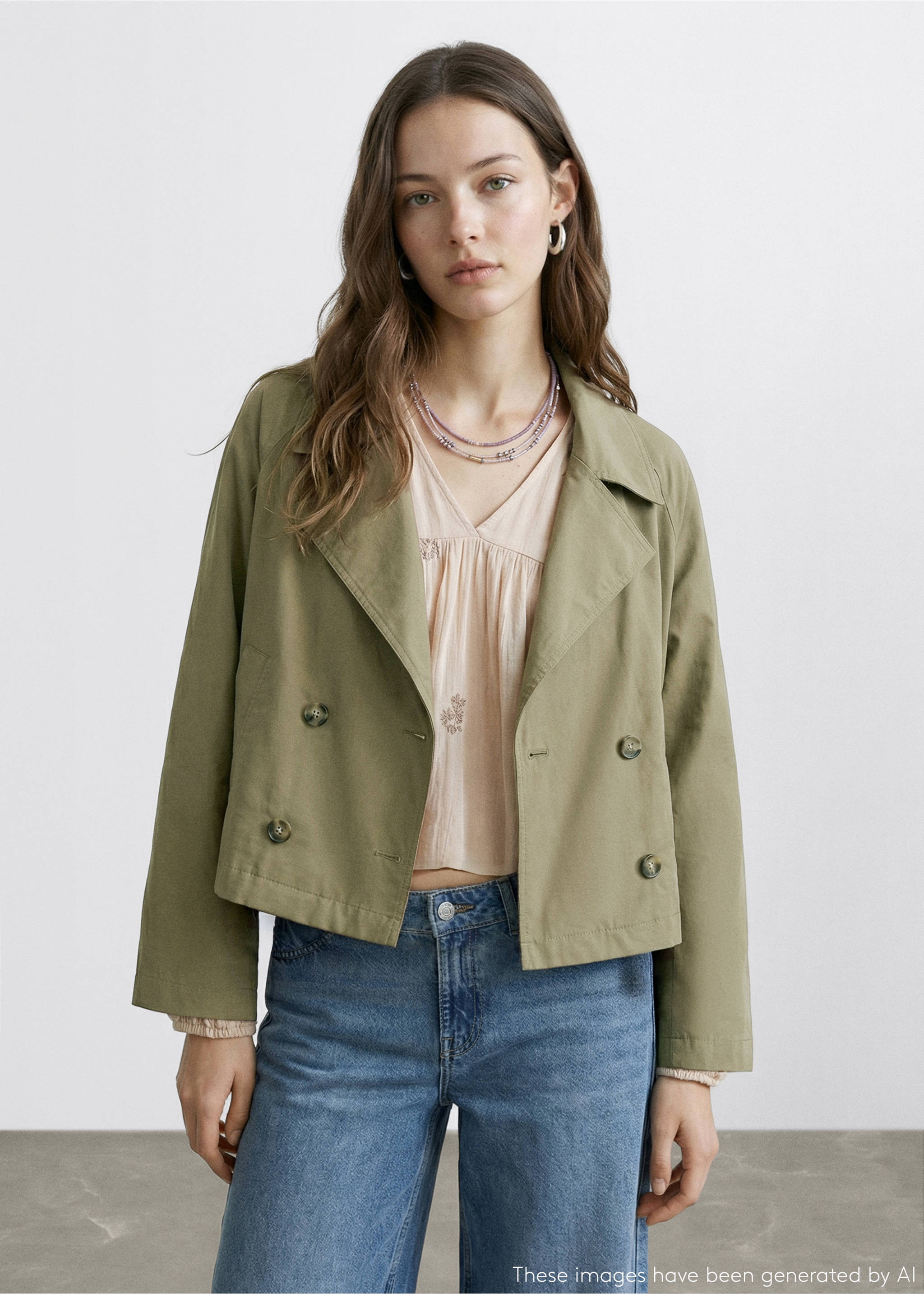Olive green cropped double-breasted trench jacket with lapels and tortoiseshell buttons., Khaki. Ref: 27034057-00.