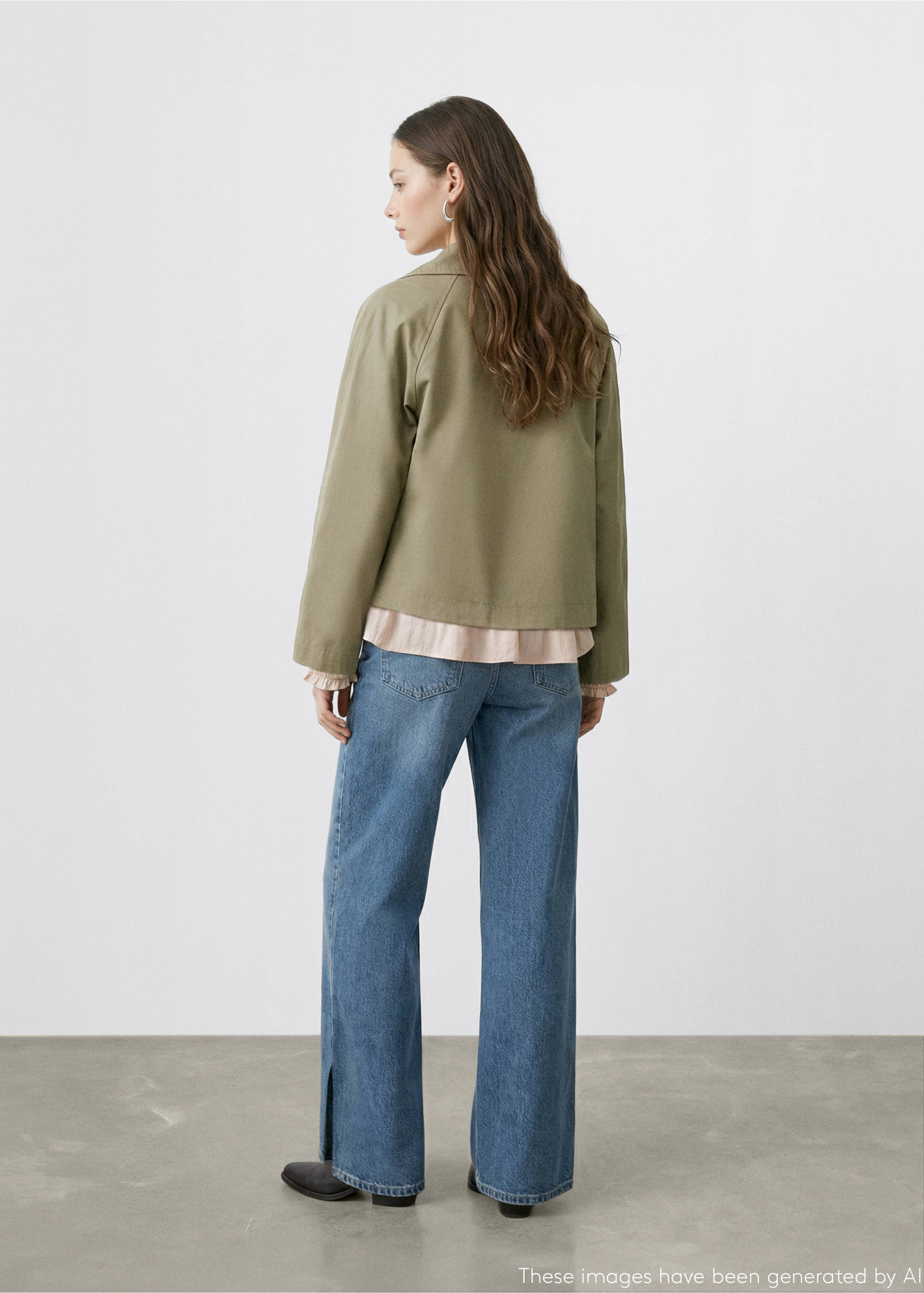 Olive green cropped trench jacket, back view., Khaki. Ref: 27034057-00.