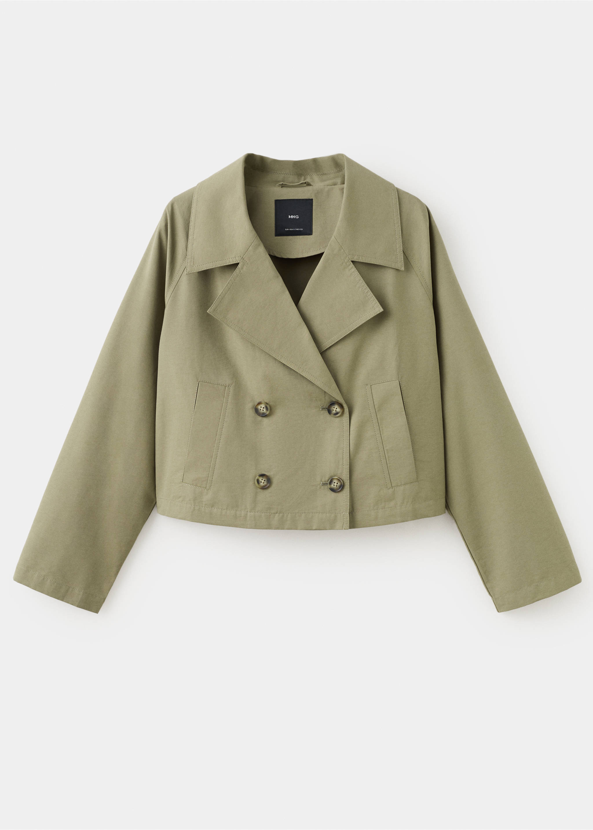 Olive green double-breasted cropped trench jacket with wide lapels., Khaki. Ref: 27034057-00.