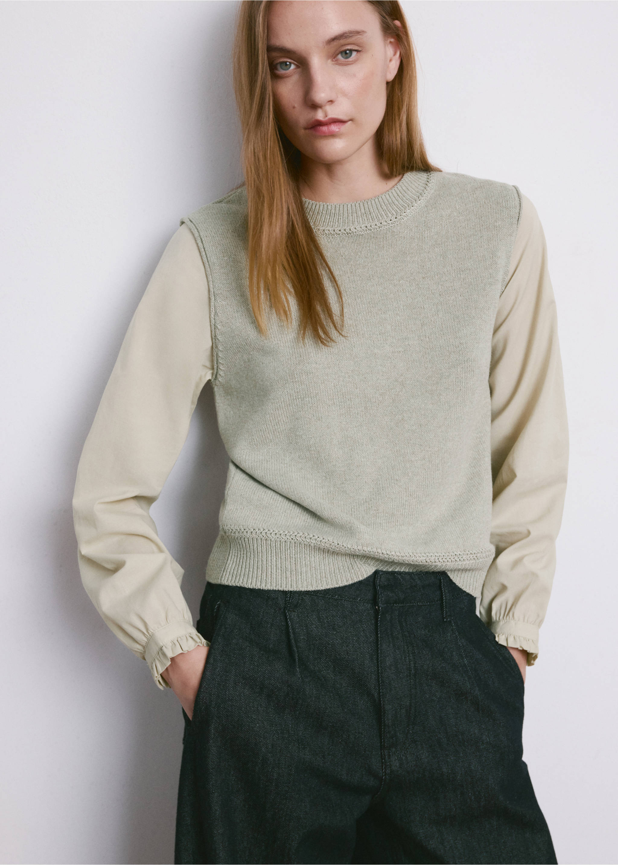 Sage green knit jumper with contrasting beige woven long sleeves and round neckline., Aqua Green. Ref: 27034093-00.