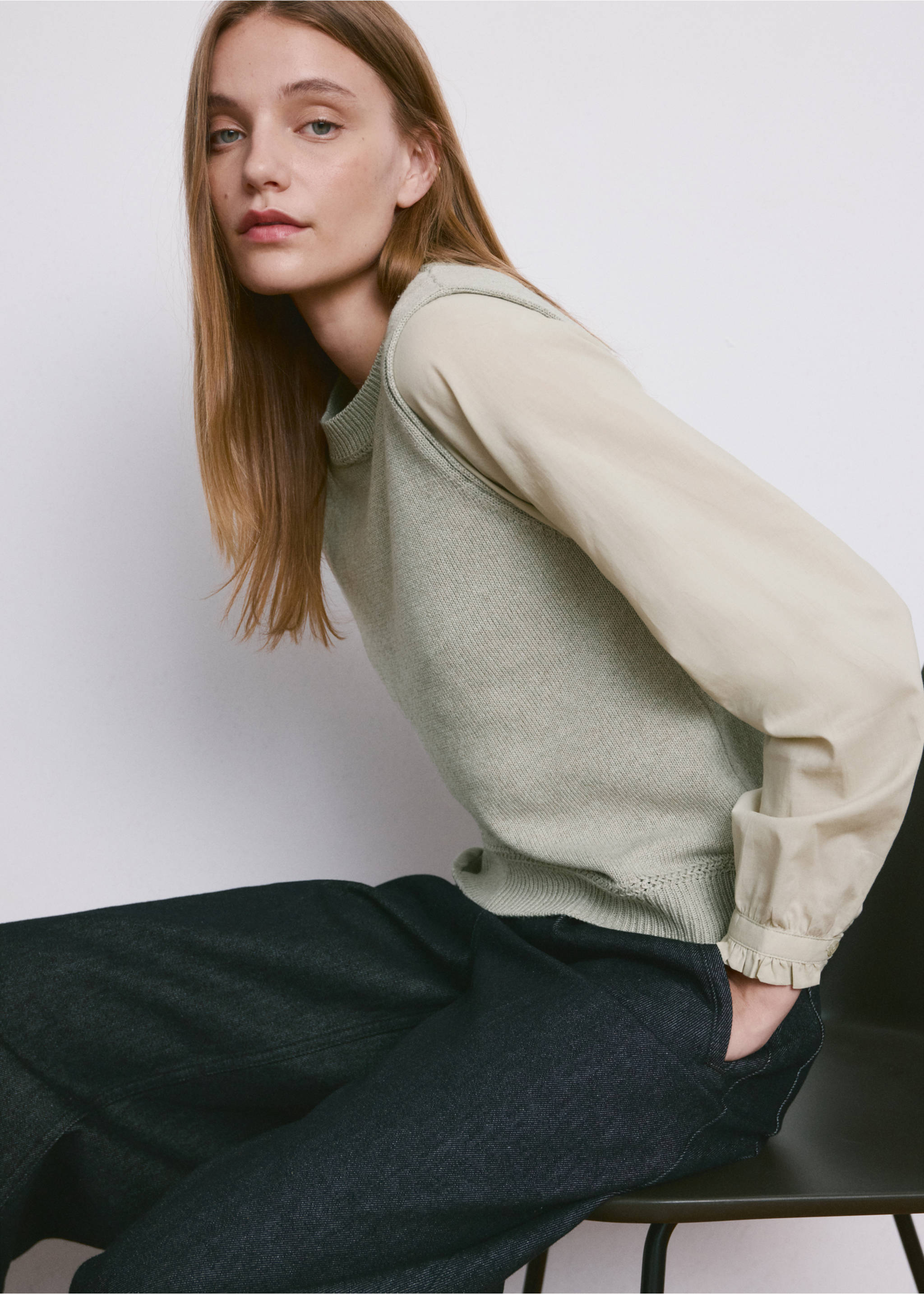 Pale green knit vest layered over a cream blouse., Aqua Green. Ref: 27034093-00.