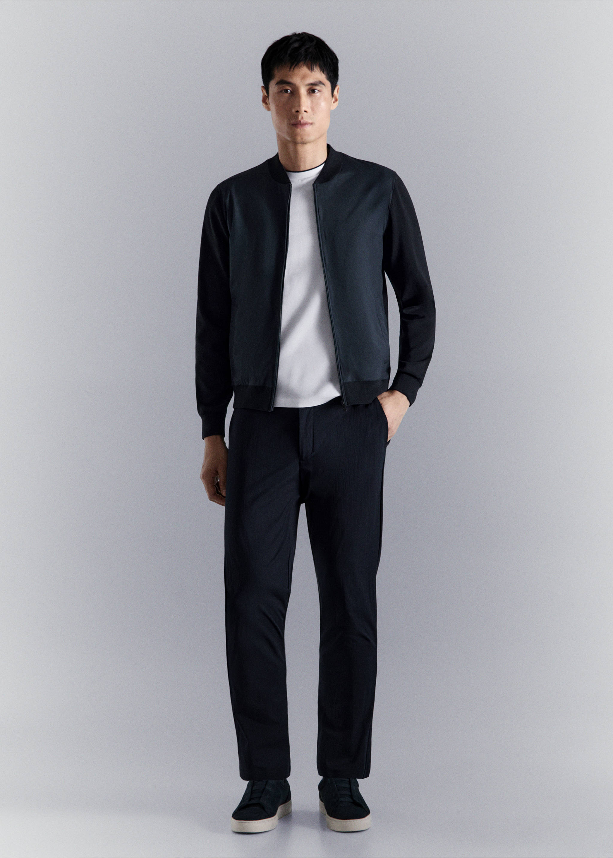 Veste bomber en maille combinée - Plan général, Bleu marine. Ref: 27034429-00.