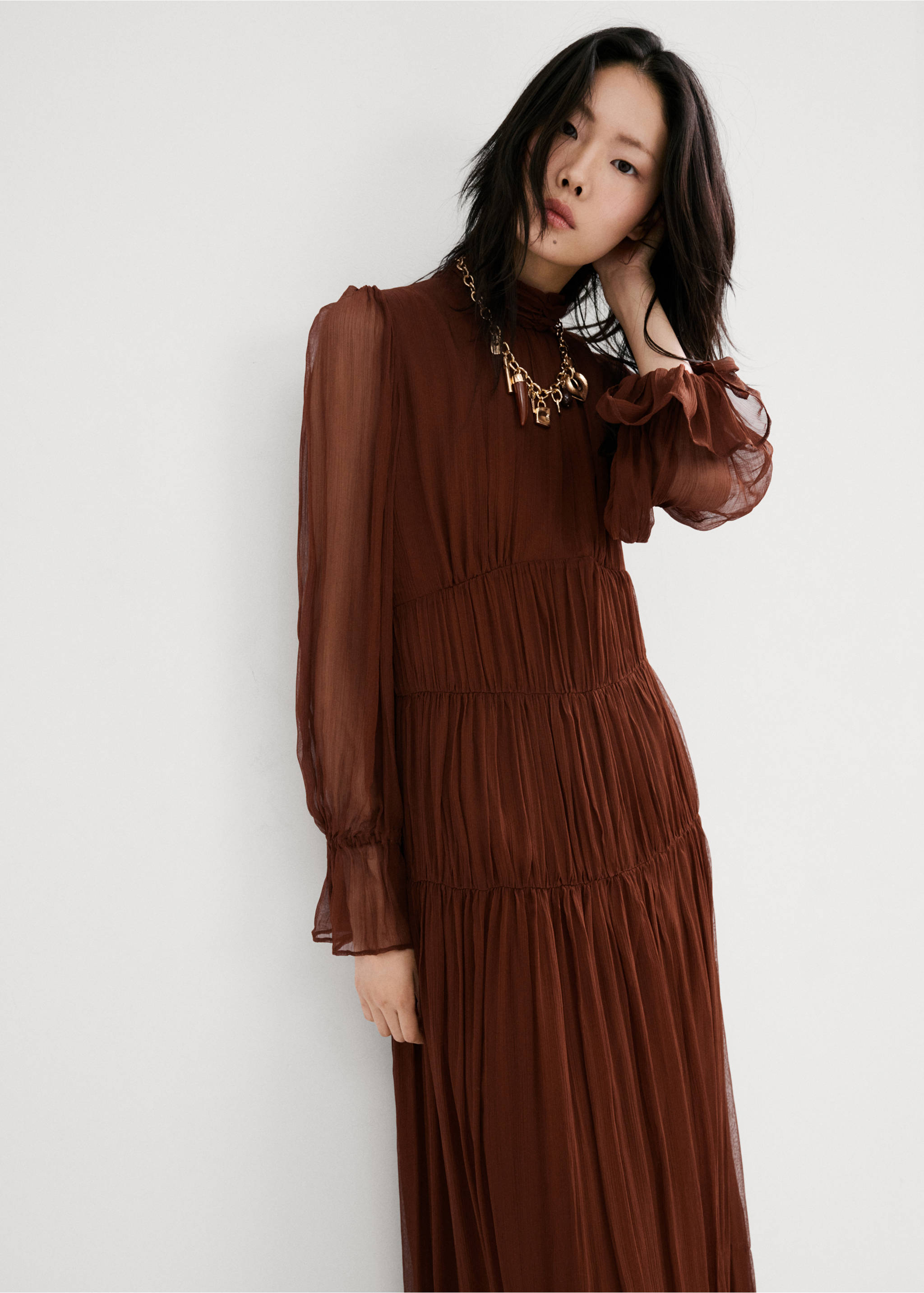 Pleated chiffon dress - Medium plane, Chocolate. Ref: 27034441-00.