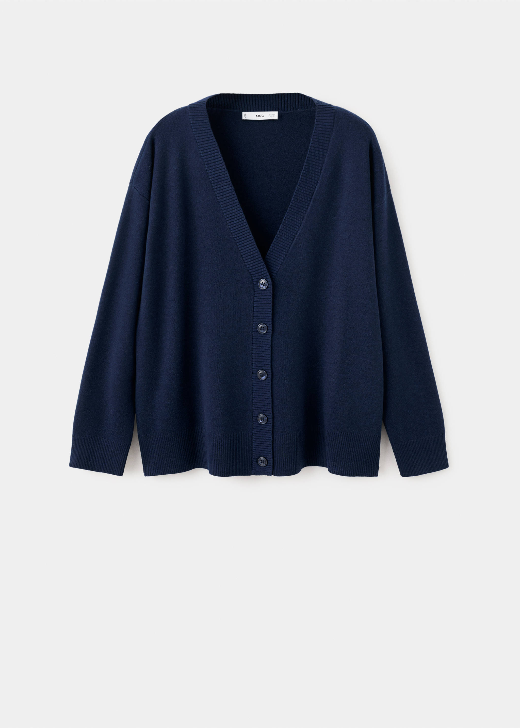 Dark navy blue V-neck knit cardigan with button-front closure., Dark Navy. Ref: 27034774-00.
