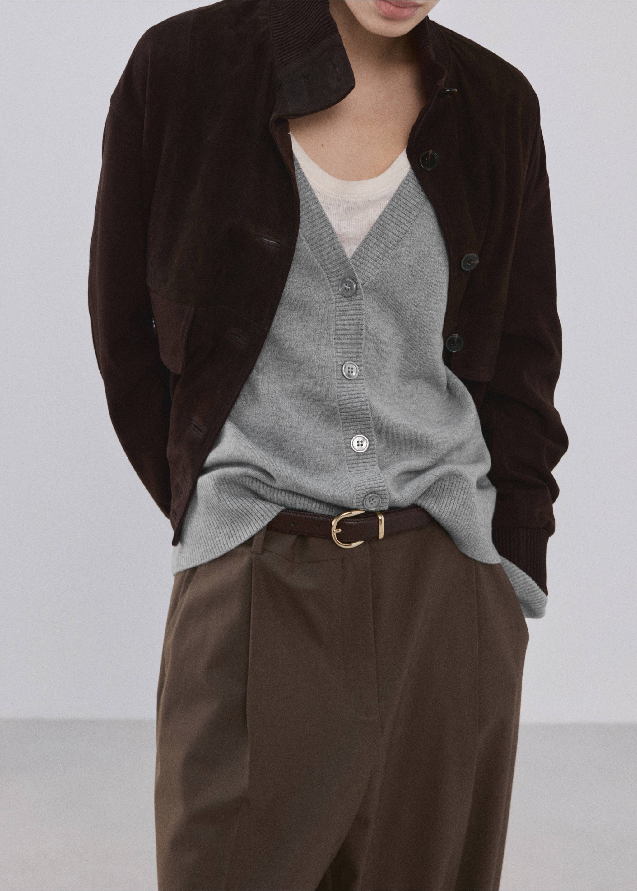 Grey V-neck button-down cardigan with ribbed trim, layered under a dark brown jacket., Medium Heather Grey. Ref: 27034774-00.