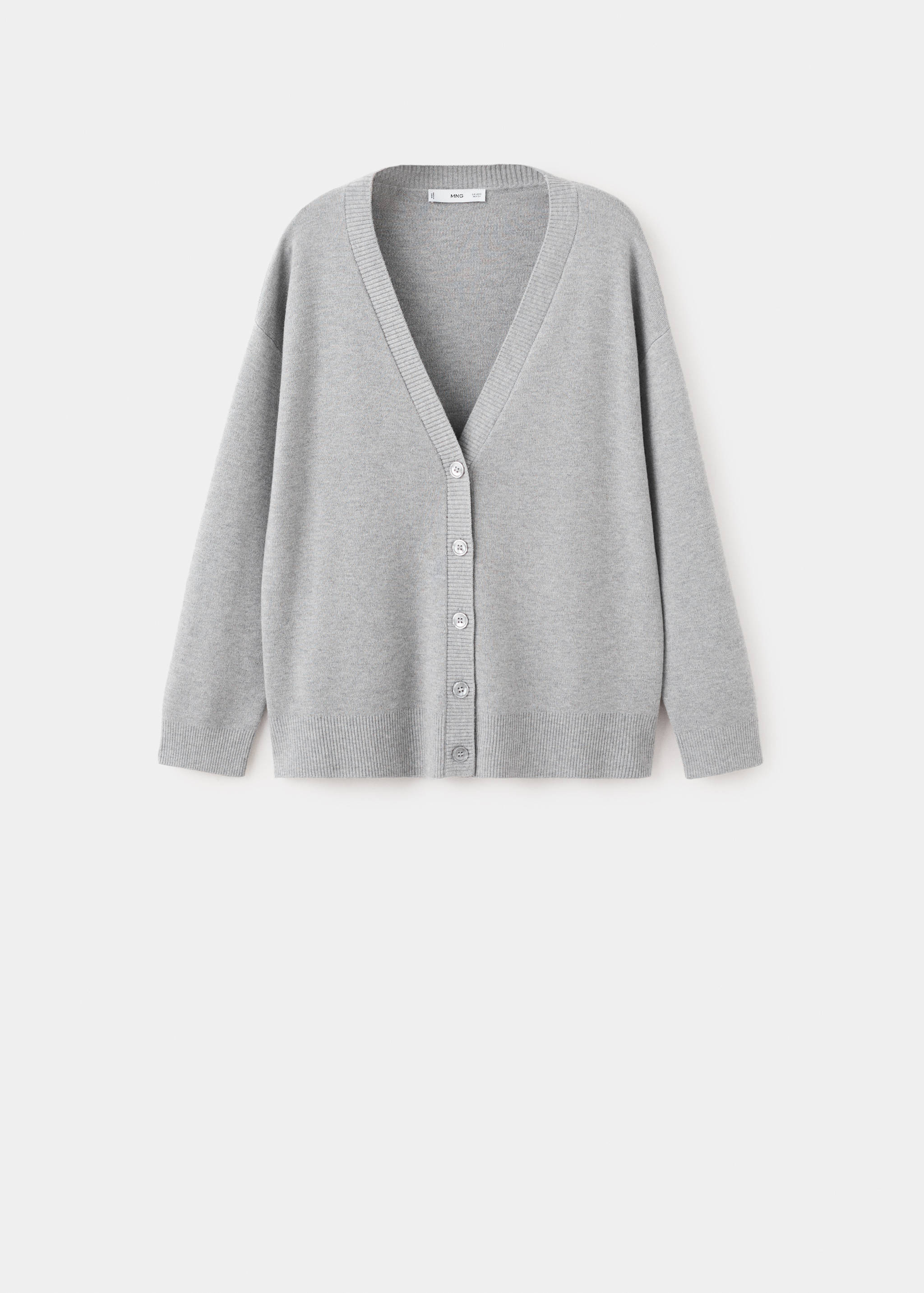 Grey V-neck knit cardigan with button fastening.
