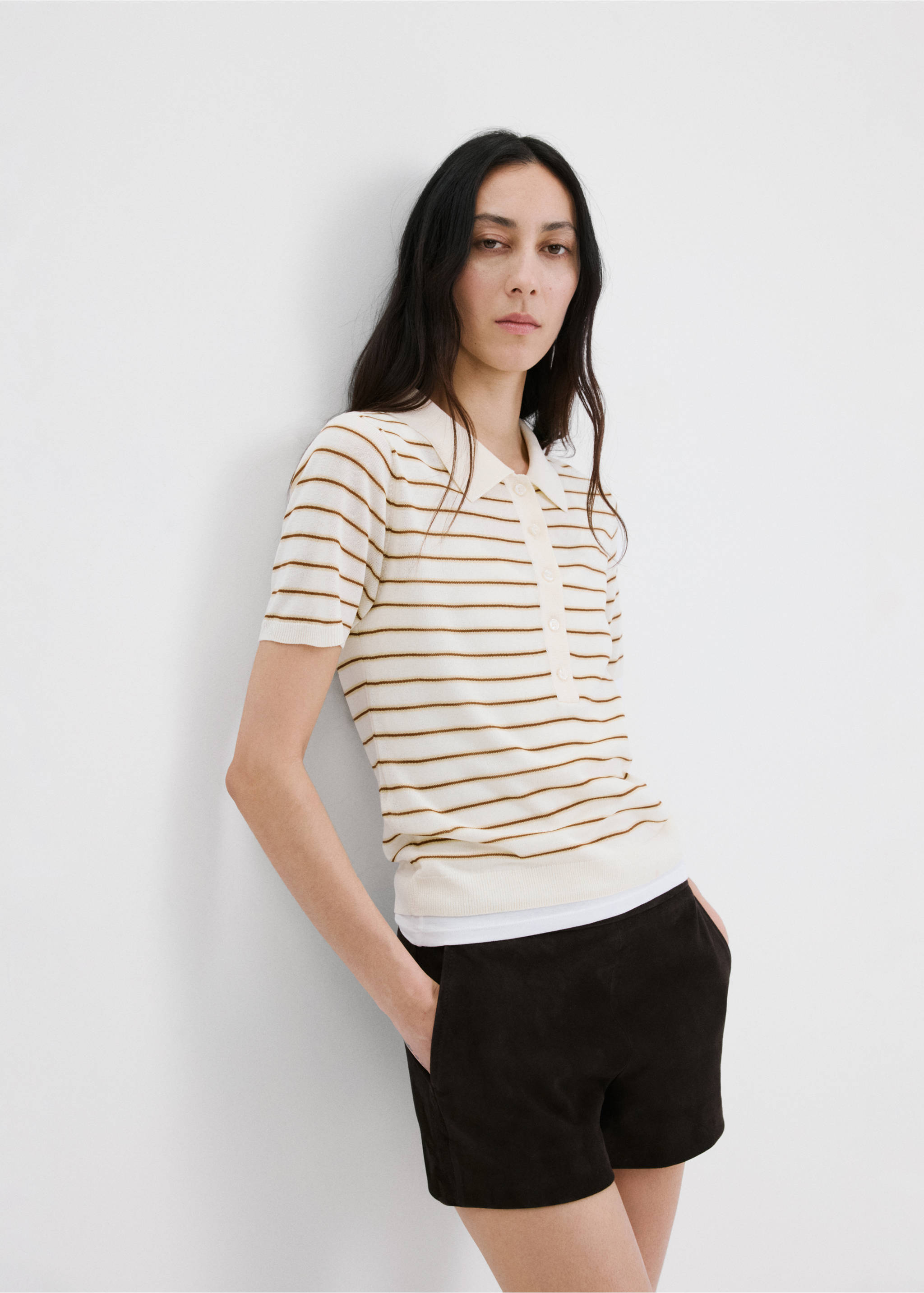 Striped knitted polo shirt in off-white and brown with short sleeves., Ecru. Ref: 27035821-00.