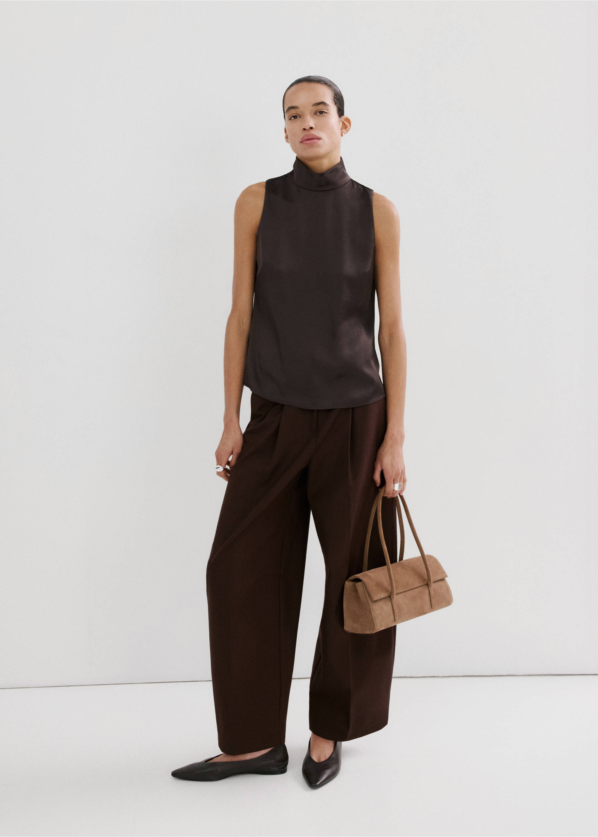 High collar satin blouse - General plane, Chocolate. Ref: 27035845-00.