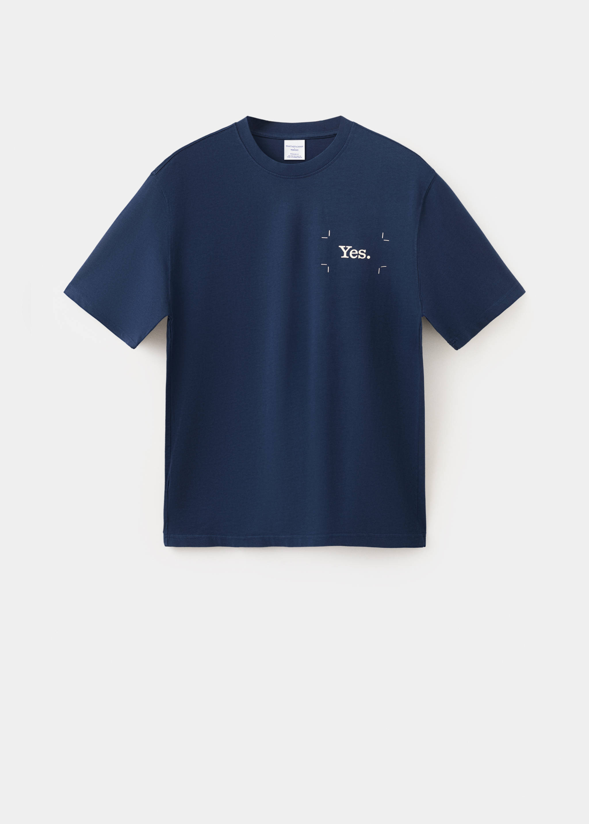 Dark blue crew neck t-shirt with a small white 'Yes.' graphic on the chest.