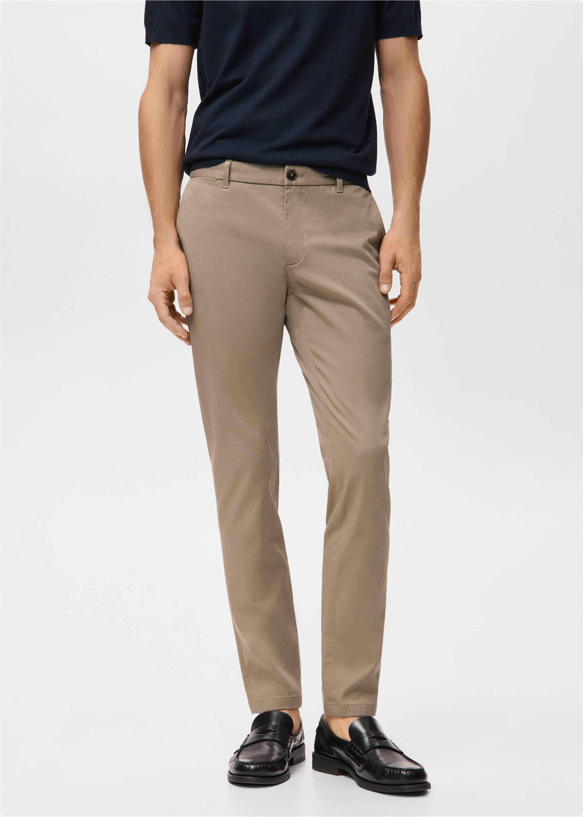 Taupe slim-fit trousers with belt loops and a button fly., Beige. Ref: 27041187-00.