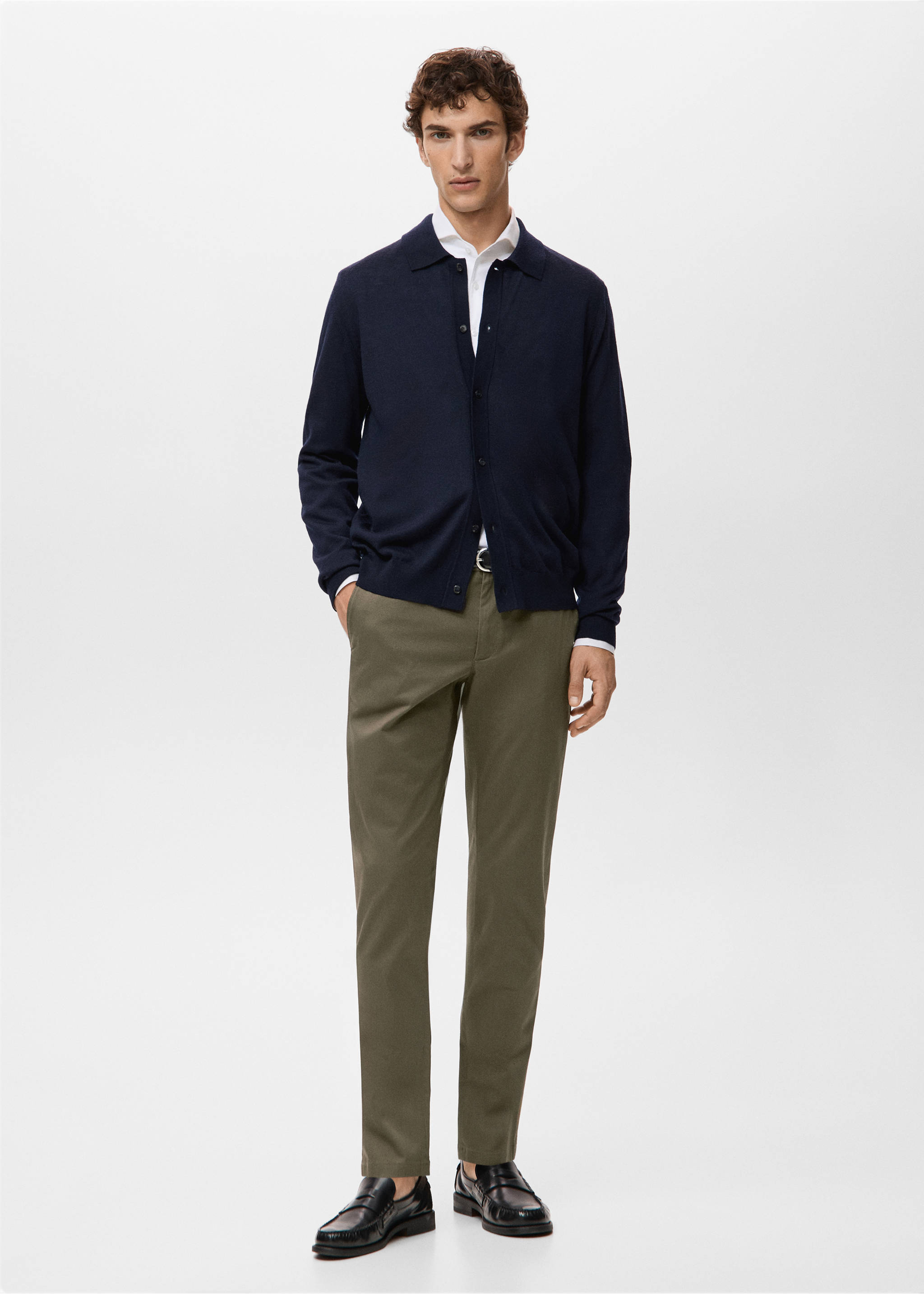 Olive green trousers worn with a navy blue cardigan, white shirt and black loafers., Khaki. Ref: 27041187-00.