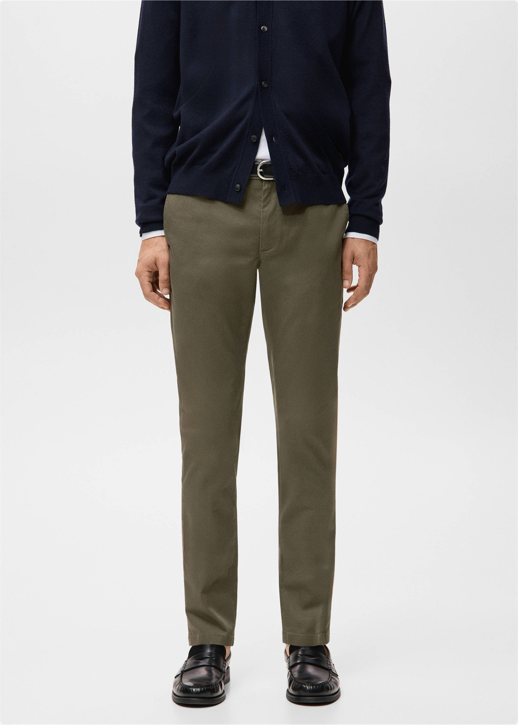 Olive green slim-fit trousers with a clean waistband and belt loops., Khaki. Ref: 27041187-00.