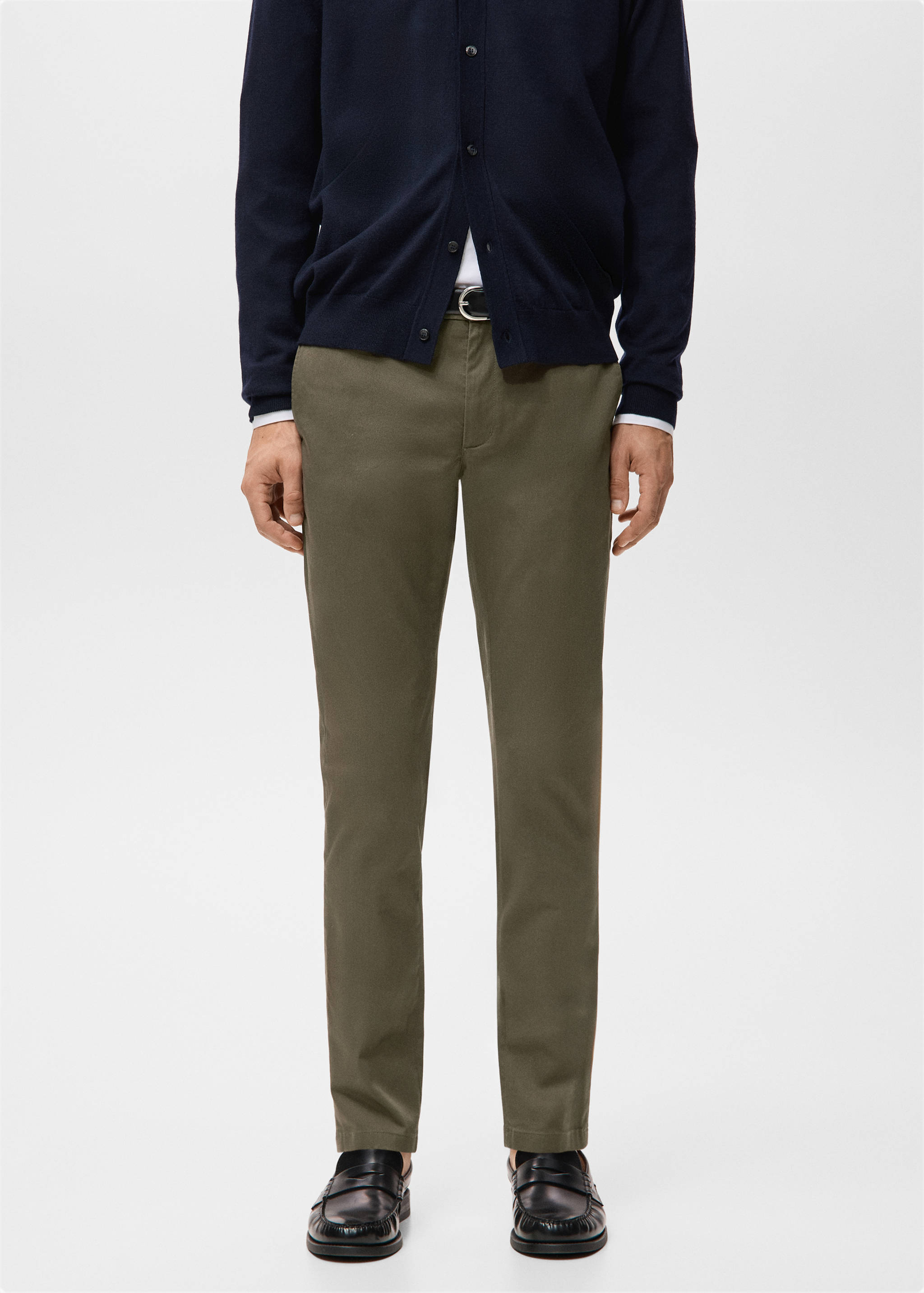 Olive green slim-fit trousers with a clean waistband and belt loops.