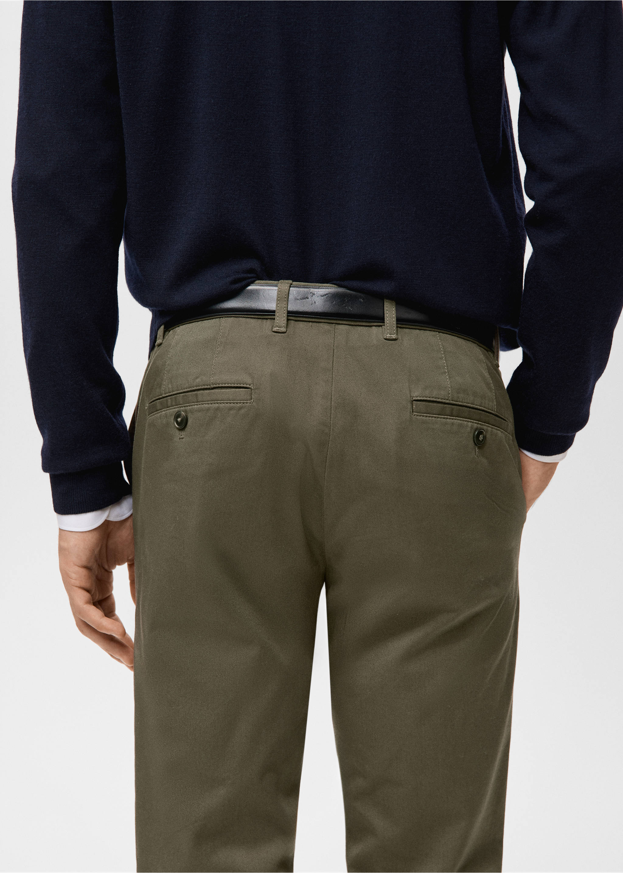Olive green trousers with back welt pockets and a black leather belt., Khaki. Ref: 27041187-00.