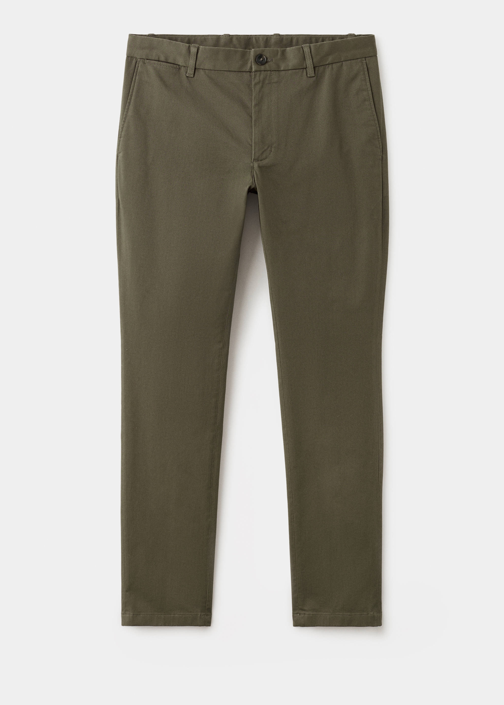 Olive green men's trousers with belt loops and front pockets.