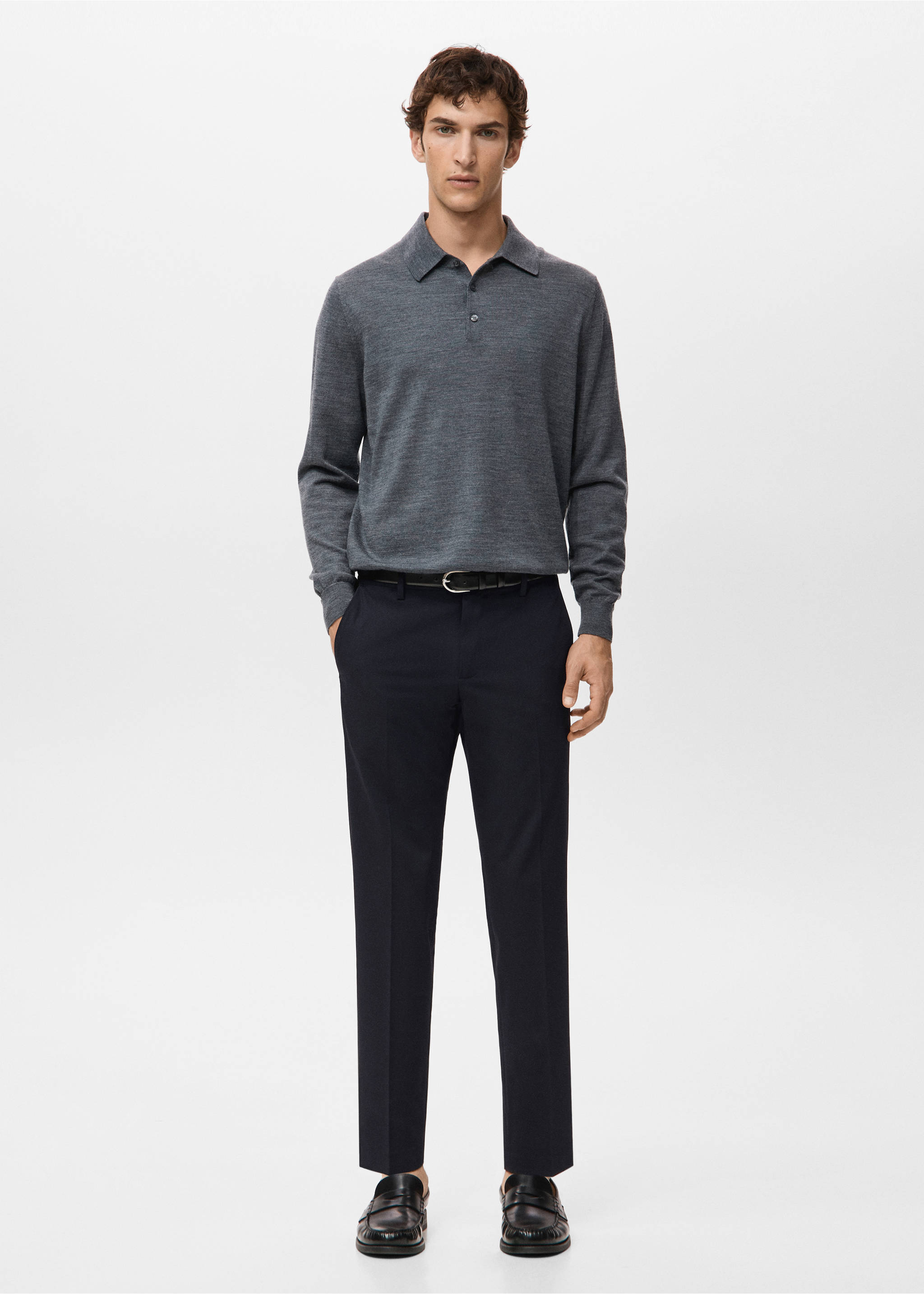 Dark navy blue straight-leg trousers worn with a charcoal grey knitted polo shirt., Navy. Ref: 27041187-00.