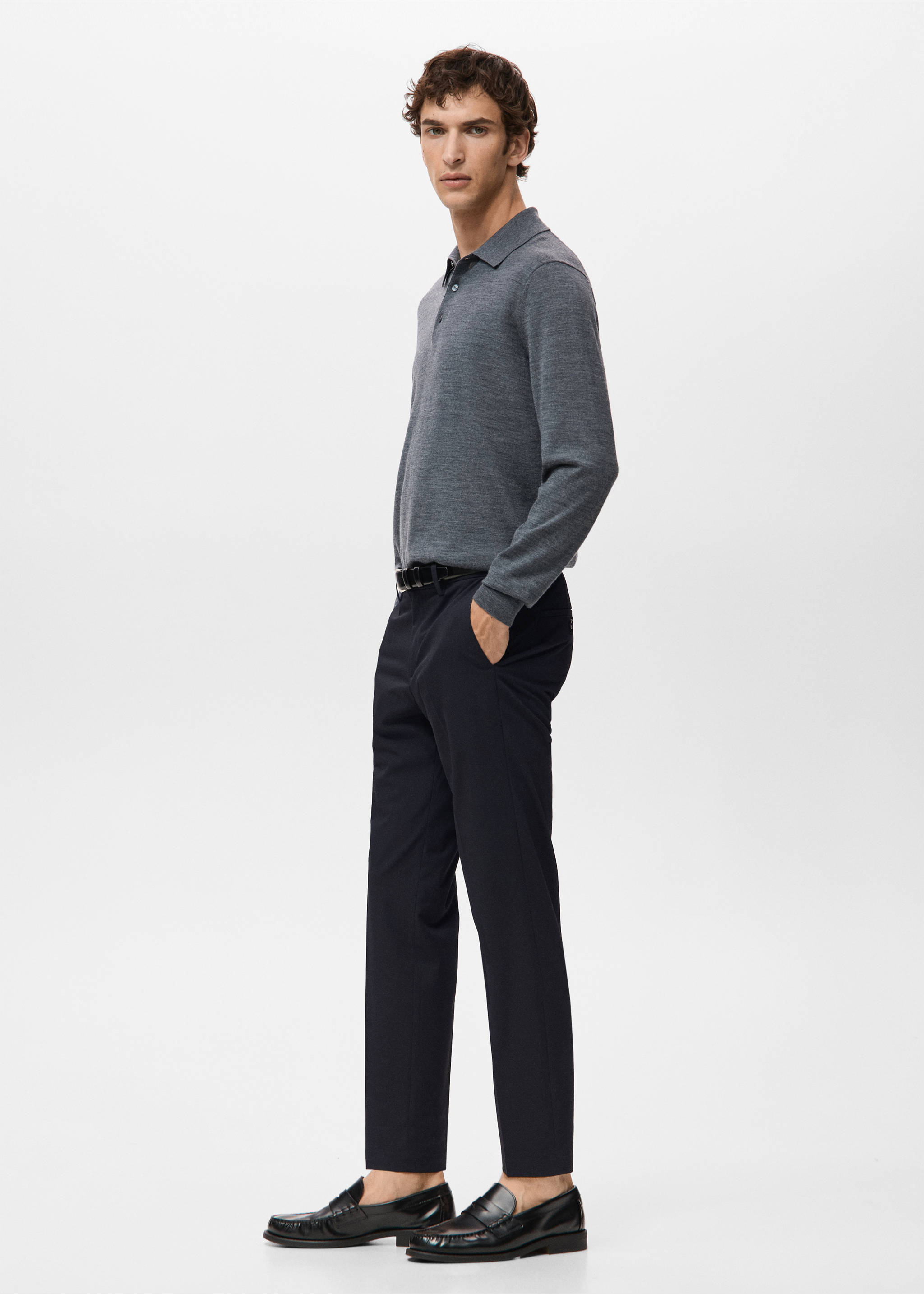 Navy blue trousers in a straight fit paired with a grey polo sweater., Navy. Ref: 27041187-00.