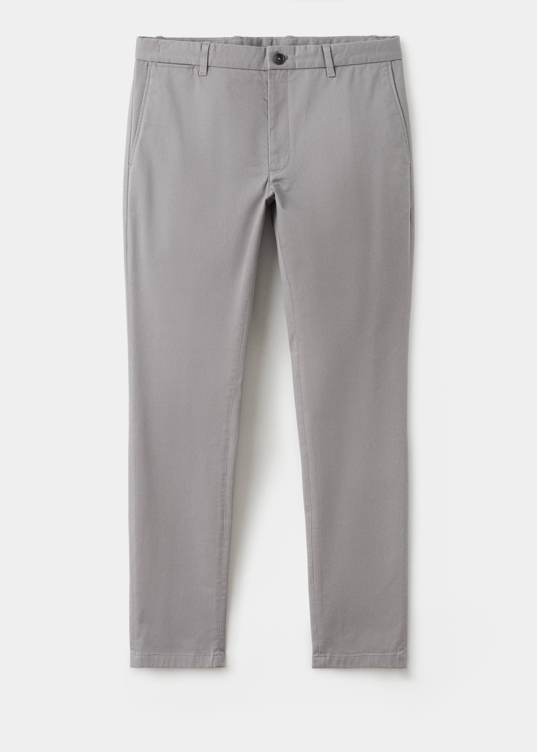 Grey men's trousers with a fitted silhouette, belt loops, and side pockets.