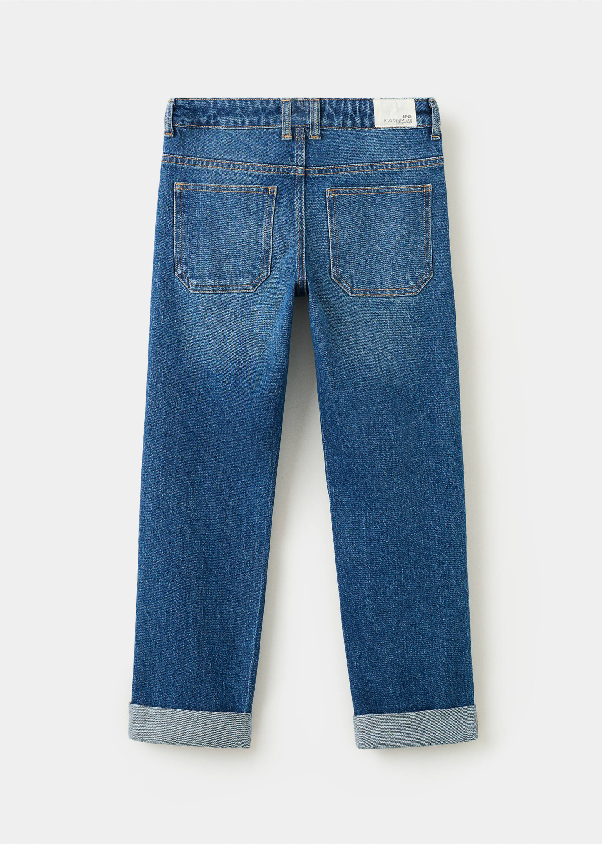 Back view of blue denim trousers with rolled cuffs and back patch pockets., Medium Blue. Ref: 27041239-00.