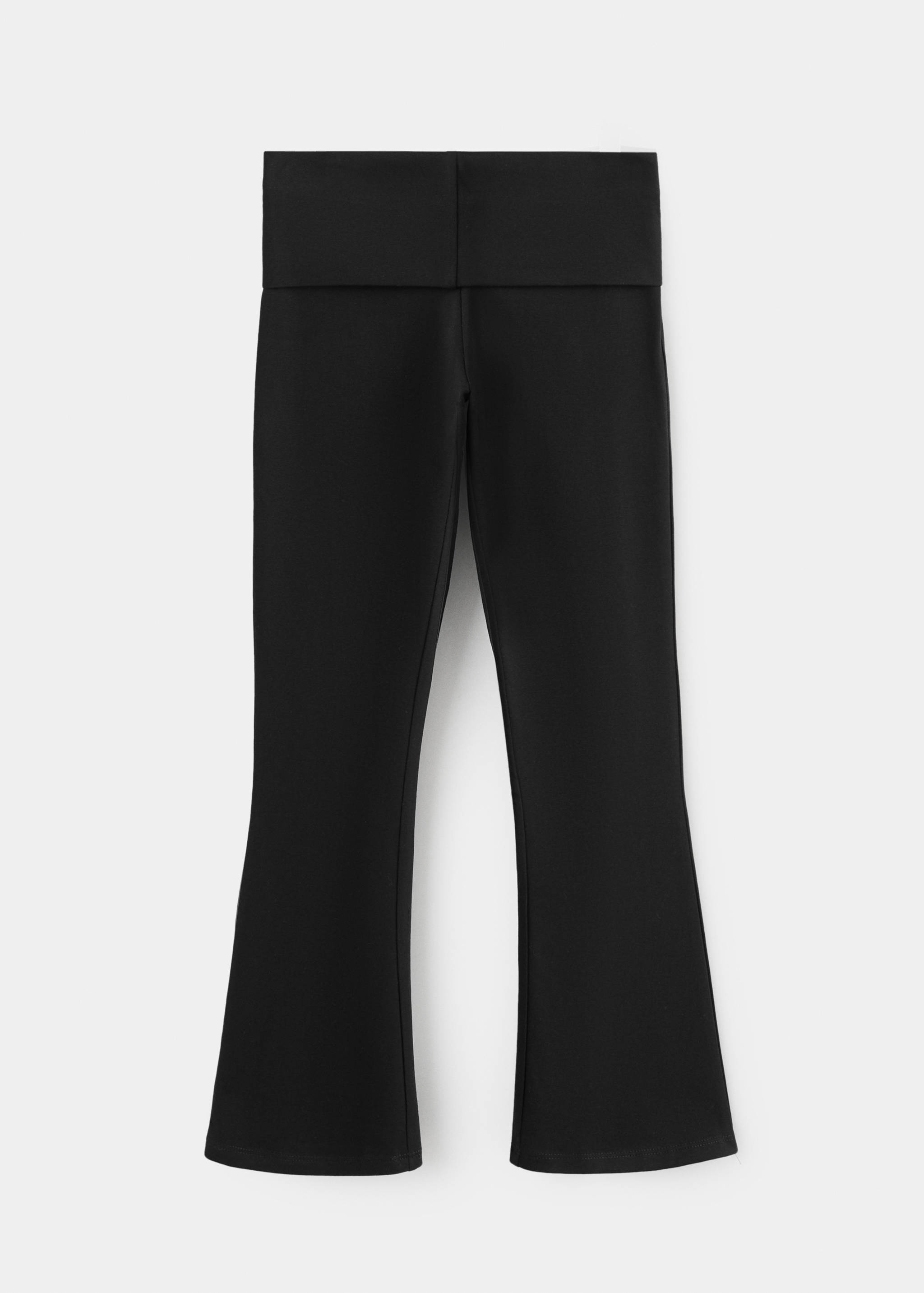 Black leggings with a wide folded waistband and flared legs.