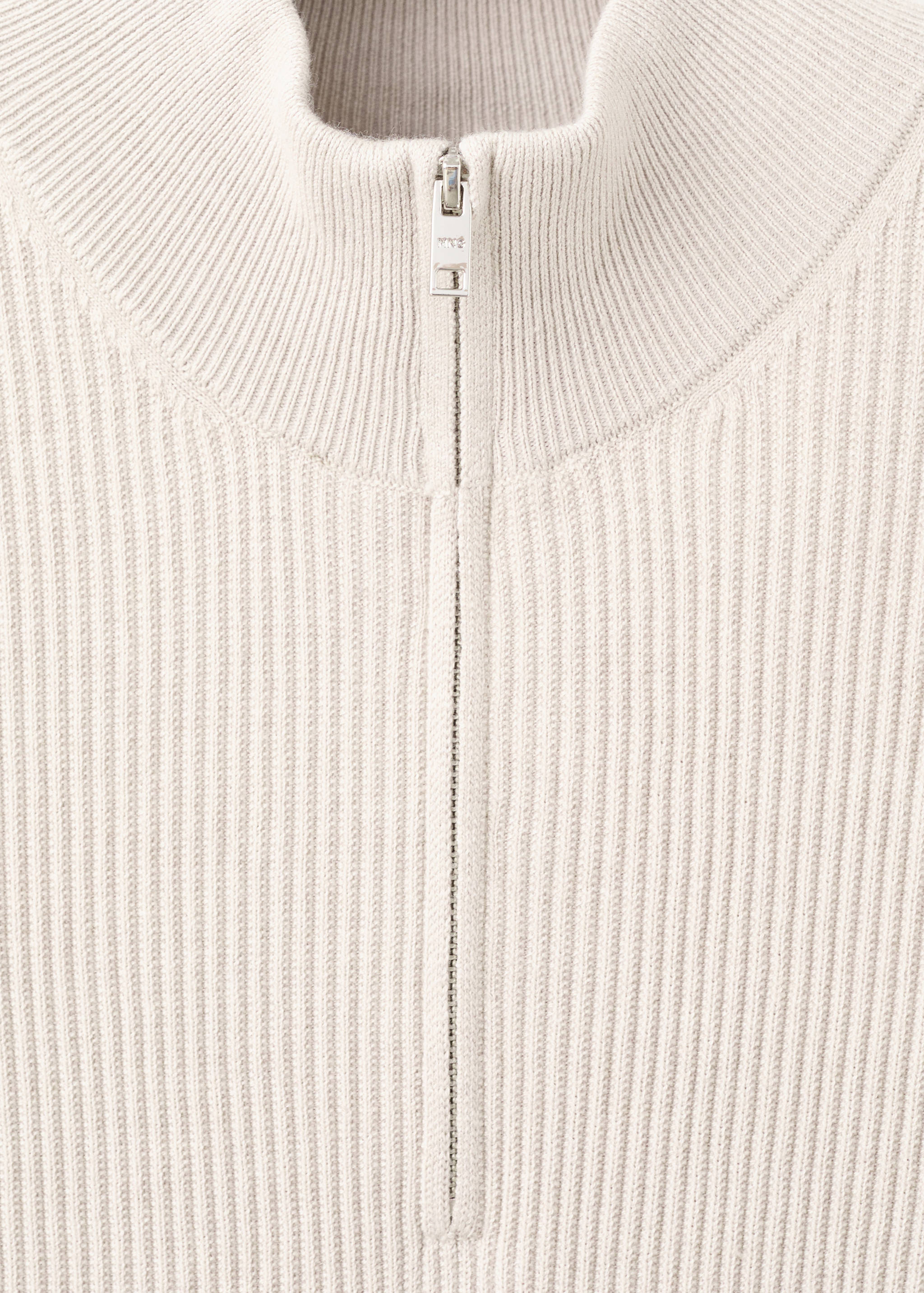 Off-white ribbed knit jersey with a high zip-up collar.