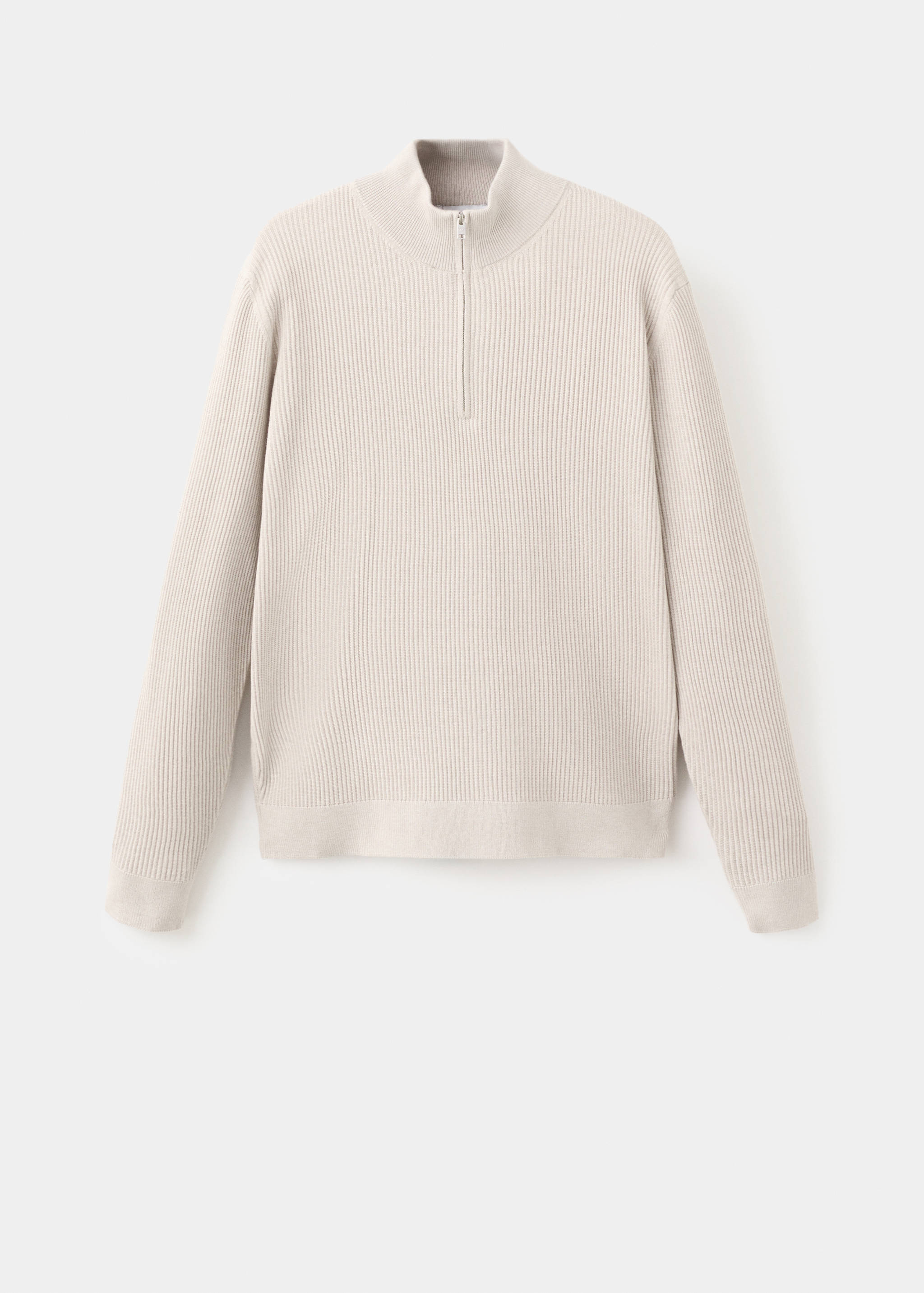 Off-white ribbed knit jersey with a mock neck and quarter-zip