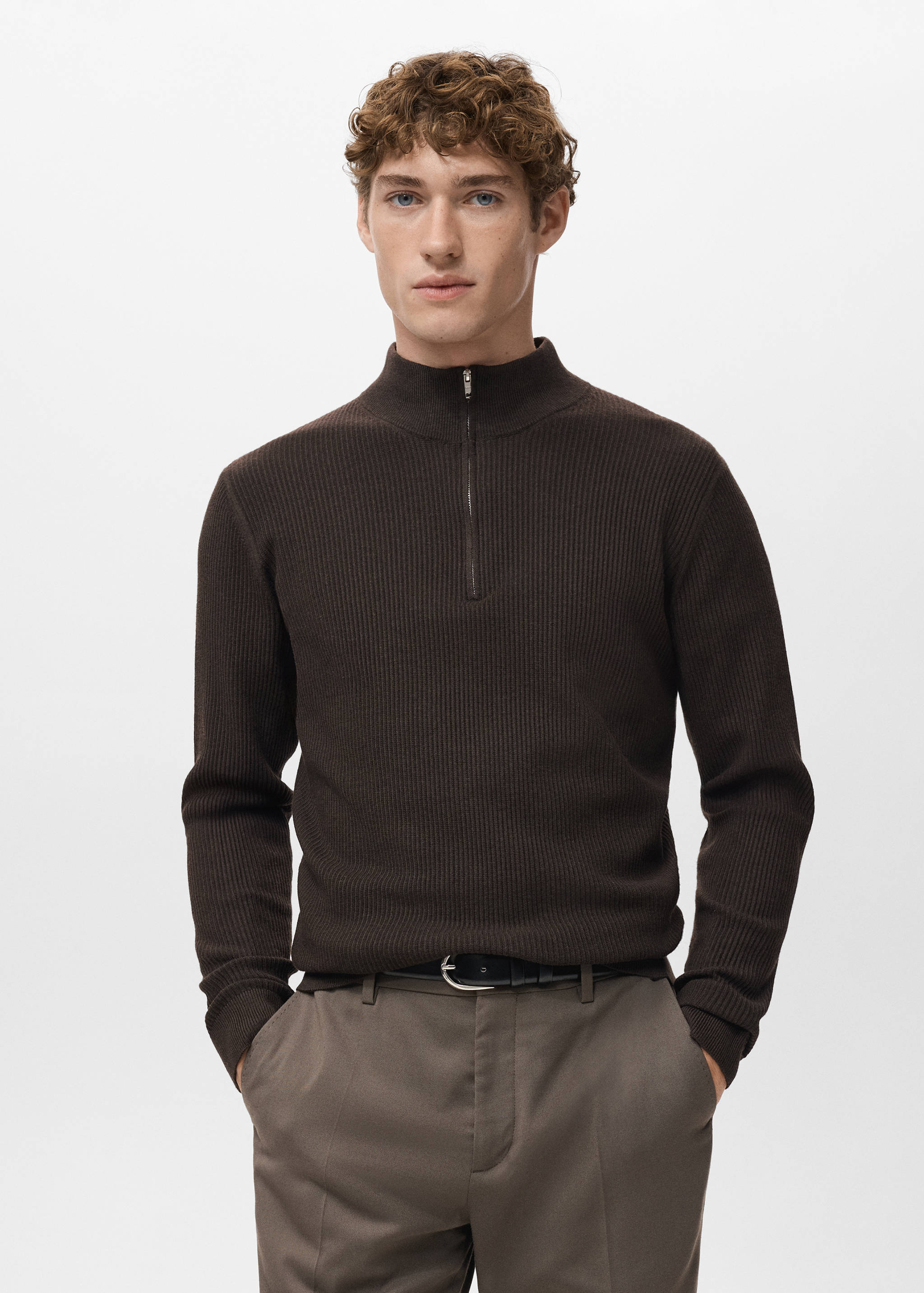 Dark brown ribbed knit zip-neck jersey with a high collar.