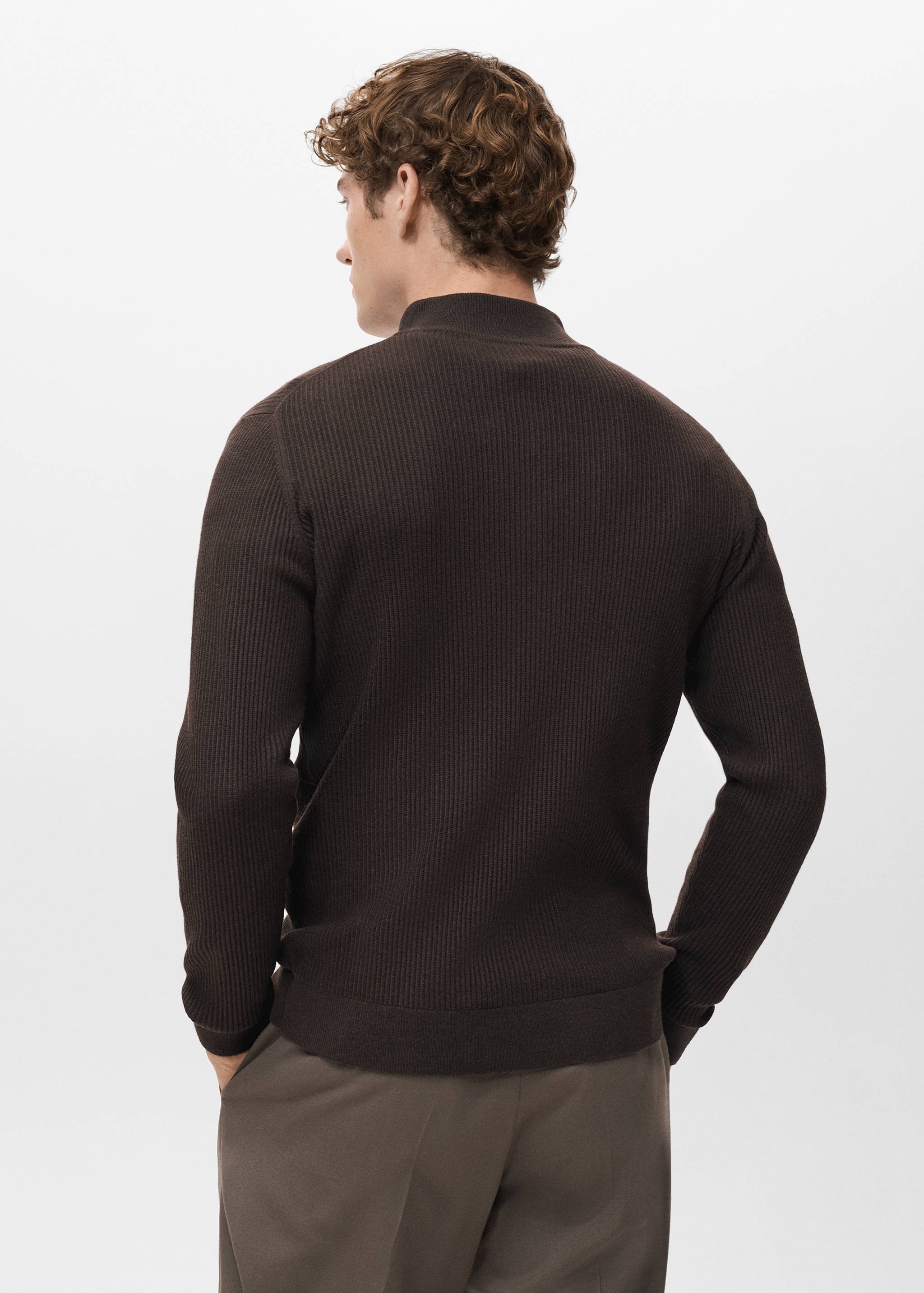 Dark brown ribbed knit jersey viewed from the back.