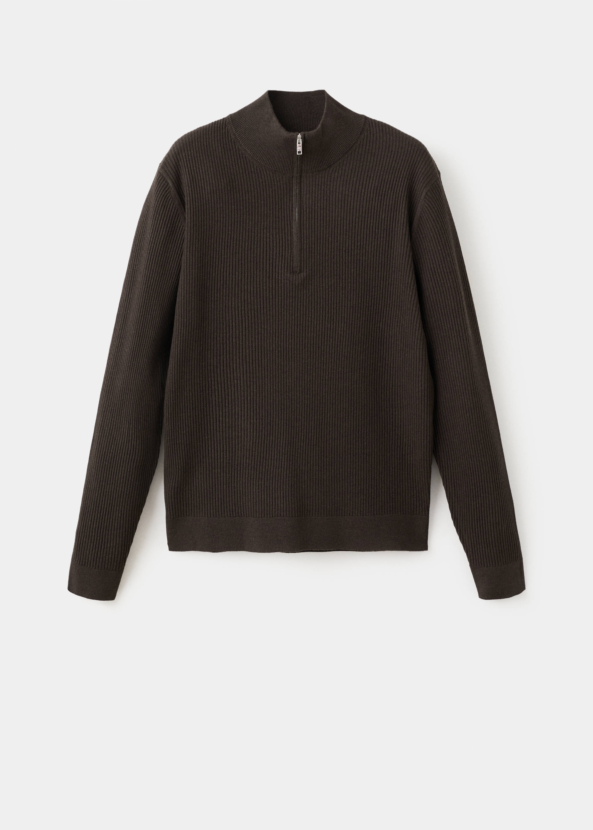 Dark brown ribbed knit sweater with a mock neck and short front zip.