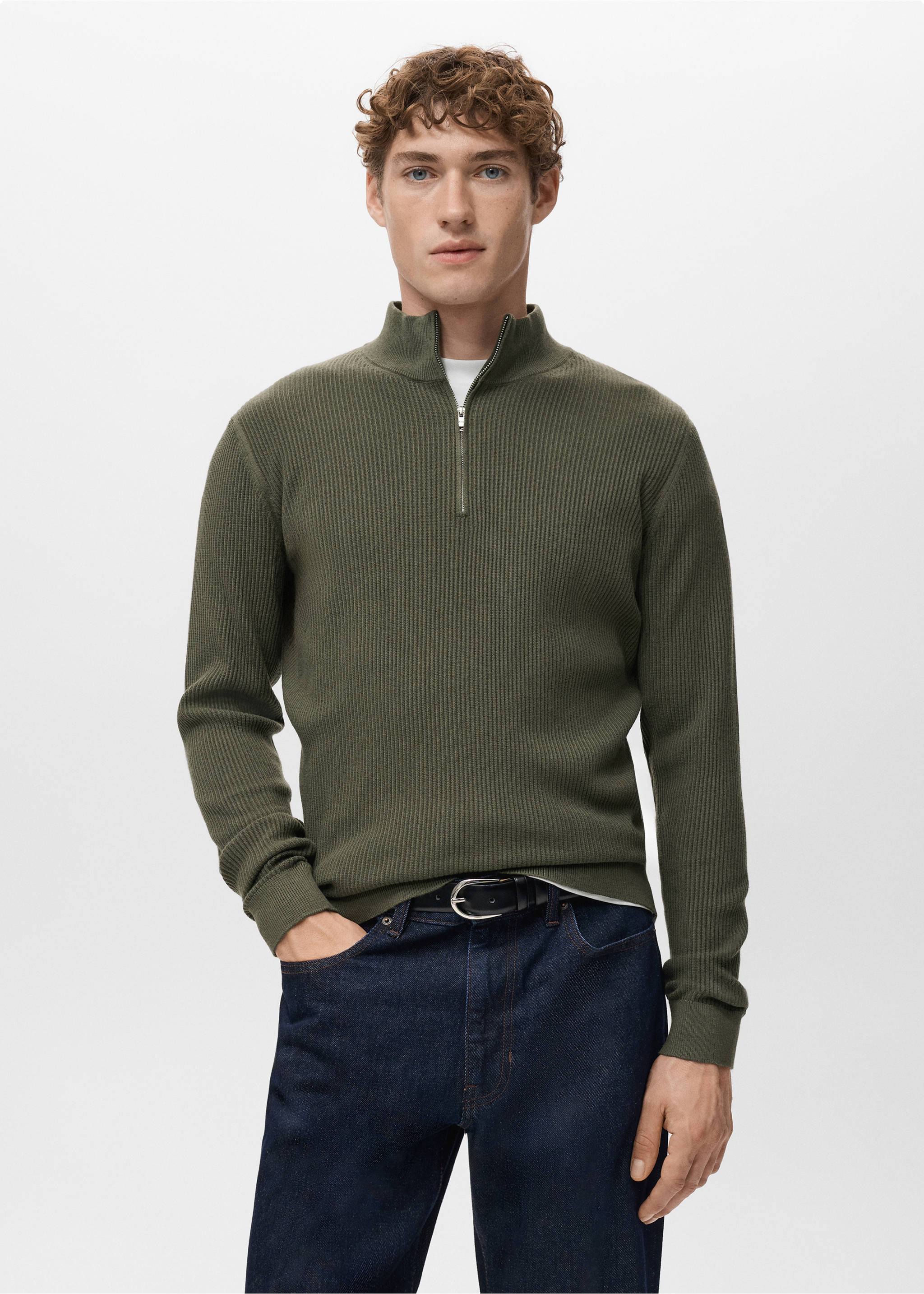 Olive green ribbed knit zip-neck jersey worn over a white t-shirt., Olive Green. Ref: 27041283-00.