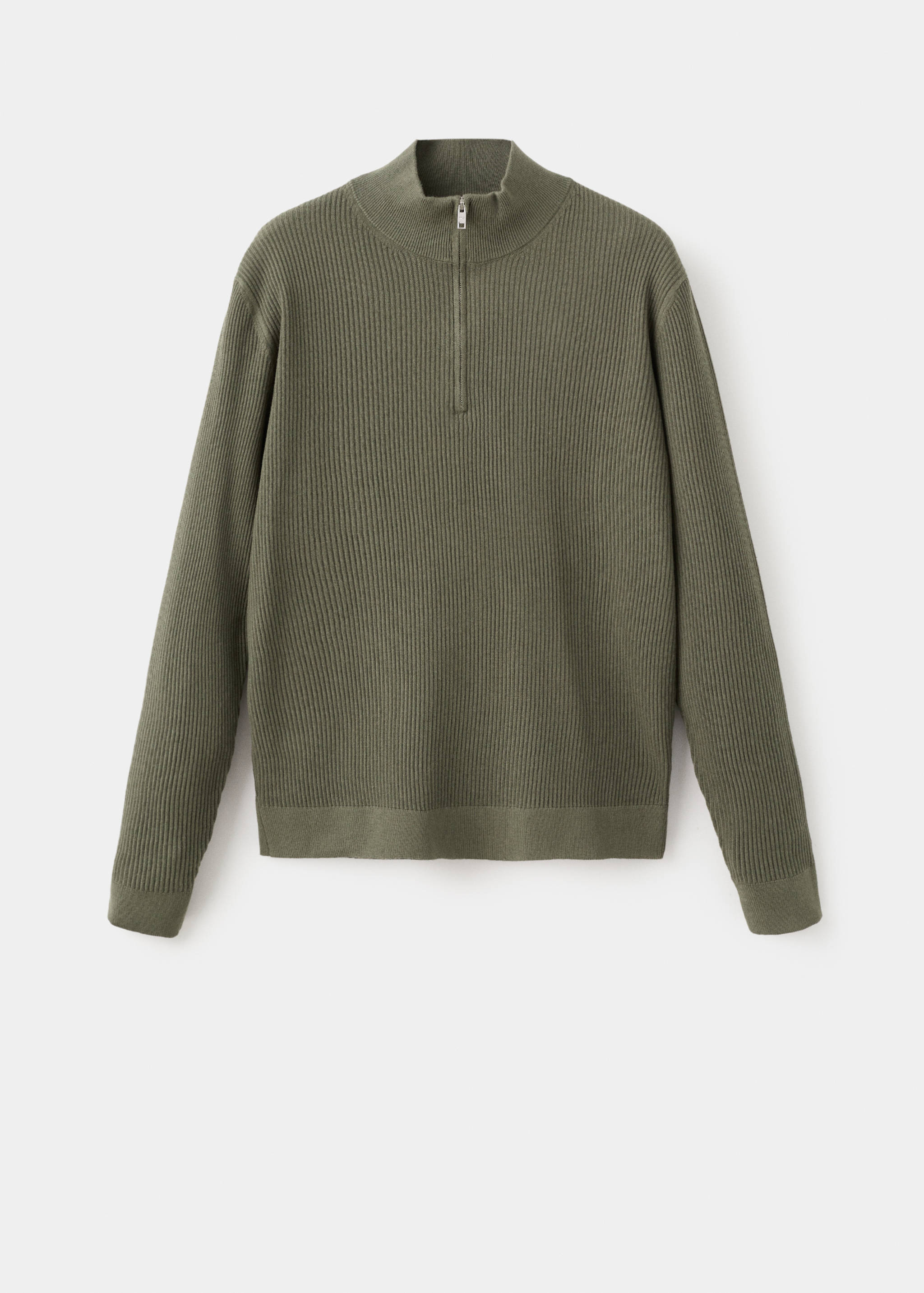 Olive green ribbed knit zip-neck jersey sweater.