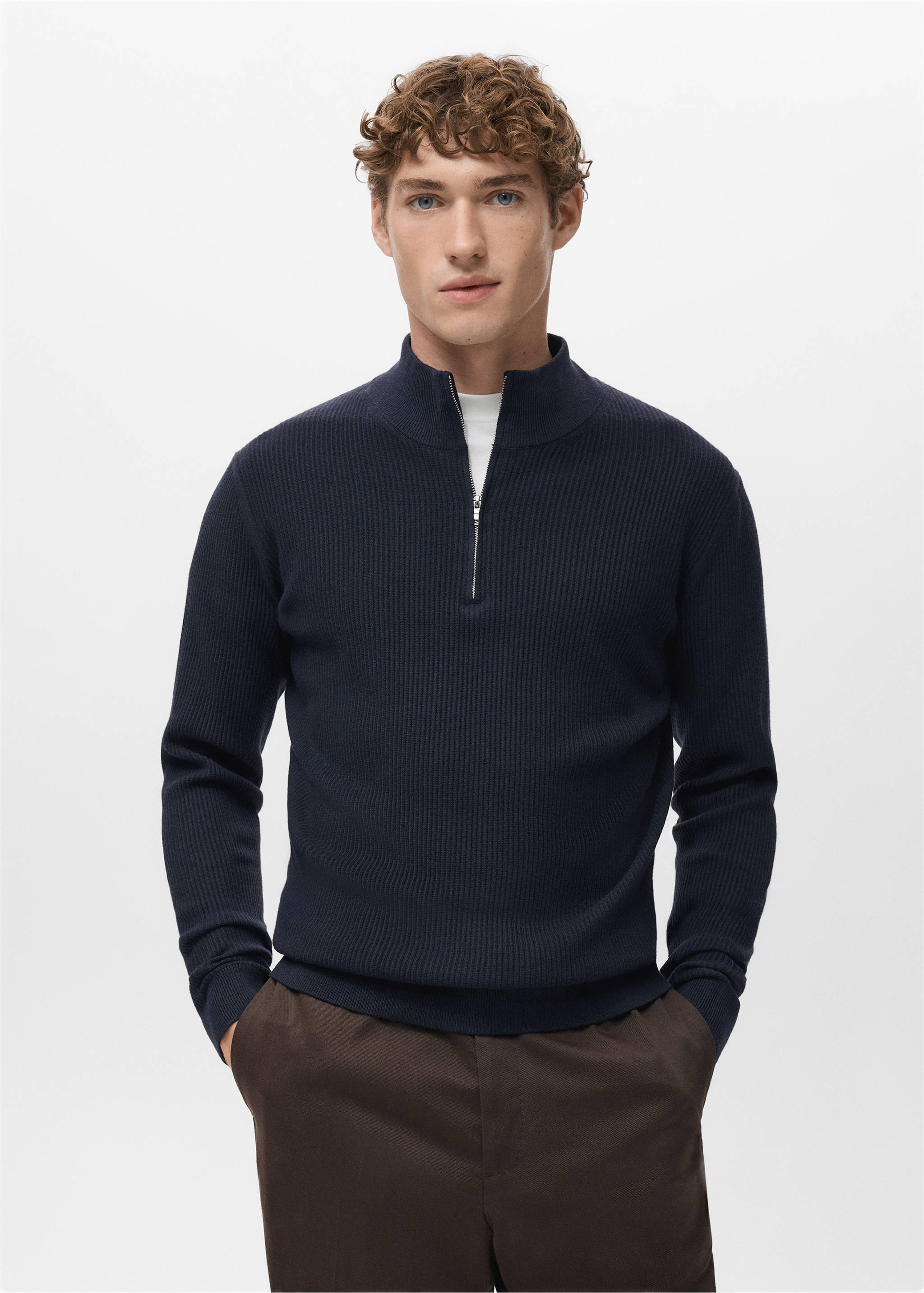 Navy blue ribbed knit jersey with a high zip-neck collar and silver zipper., Navy. Ref: 27041283-00.