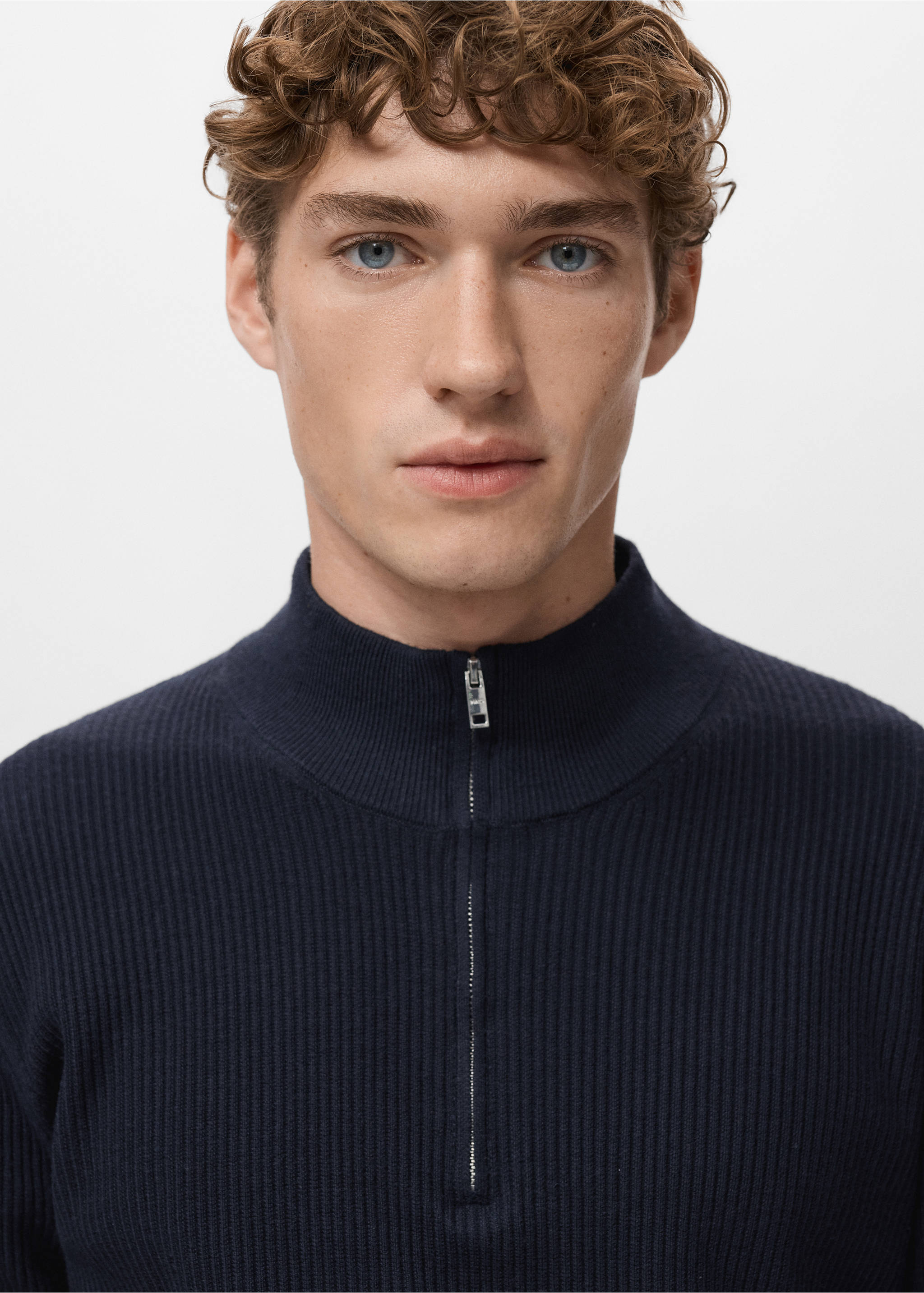 Navy blue ribbed jersey with a high collar and half-zip fastening, shown in a close-up portrait view., Navy. Ref: 27041283-00.