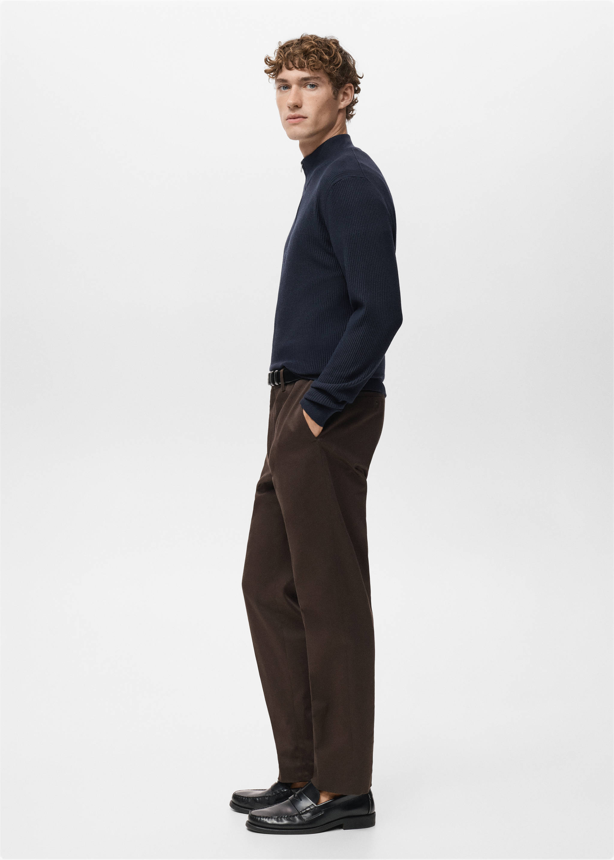 Navy blue ribbed knit jersey with a high collar and short zip fastening., Navy. Ref: 27041283-00.