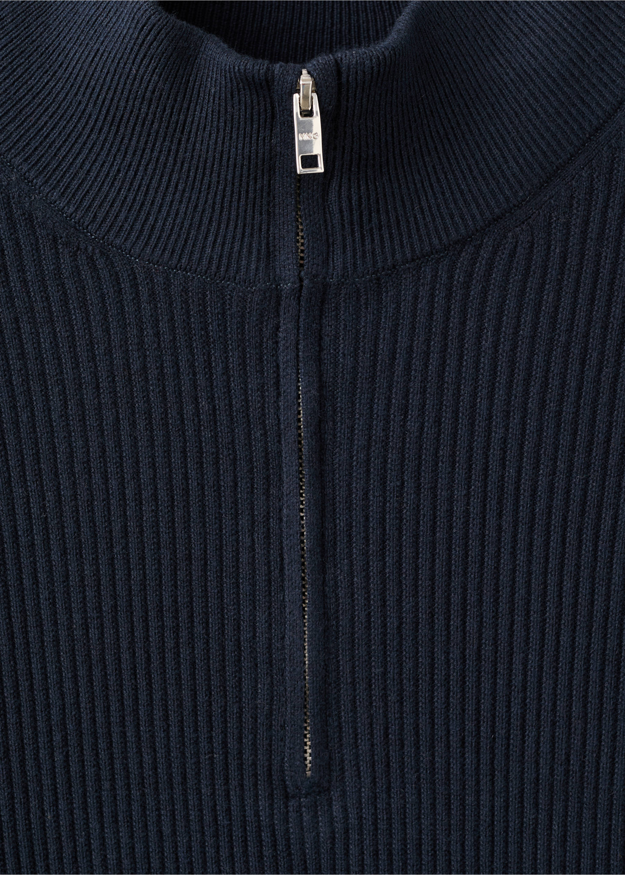 Navy blue ribbed jersey with a high zip-up neck detail., Navy. Ref: 27041283-00.
