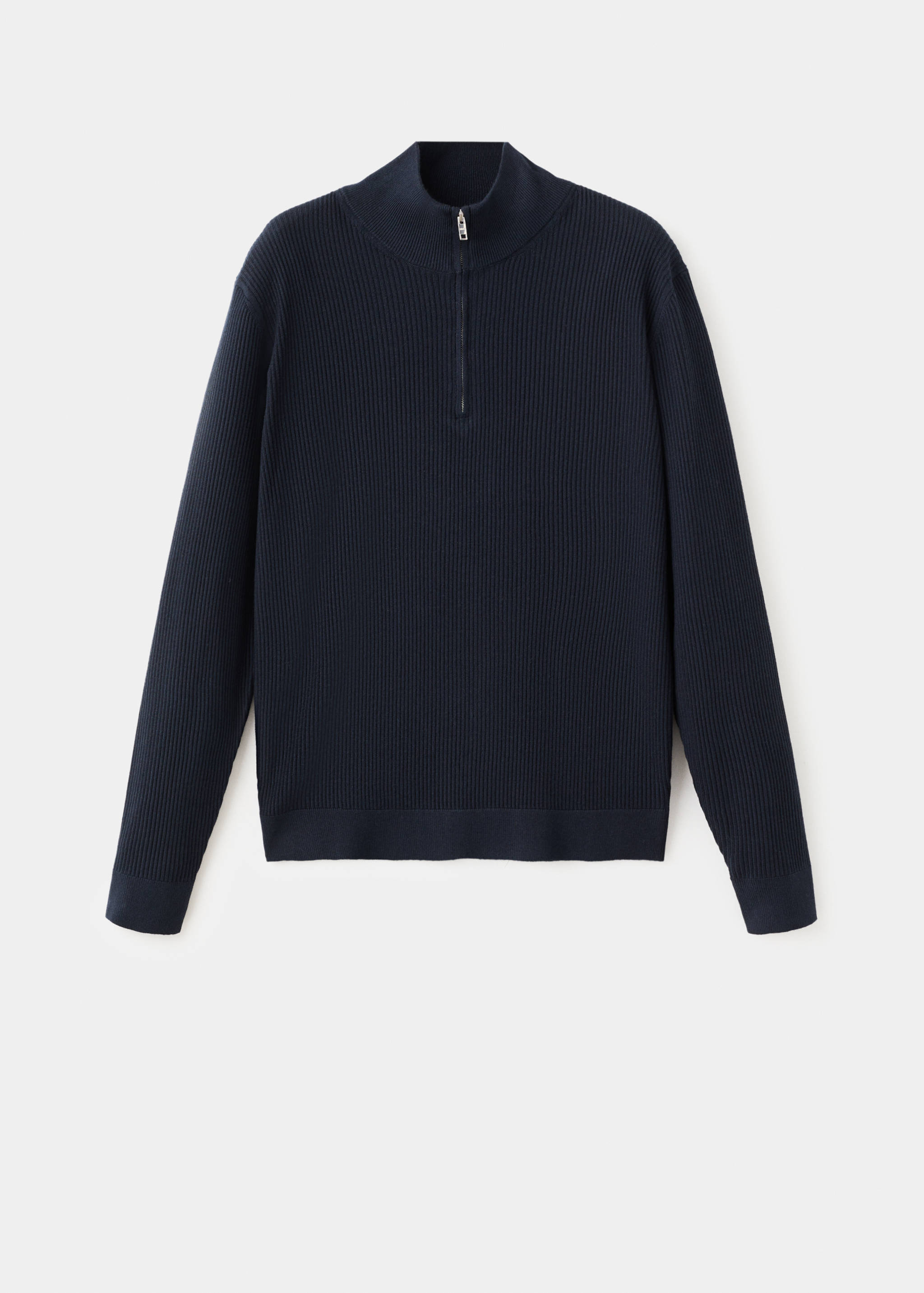 Navy blue ribbed knit jersey with a funnel neck and front zip.