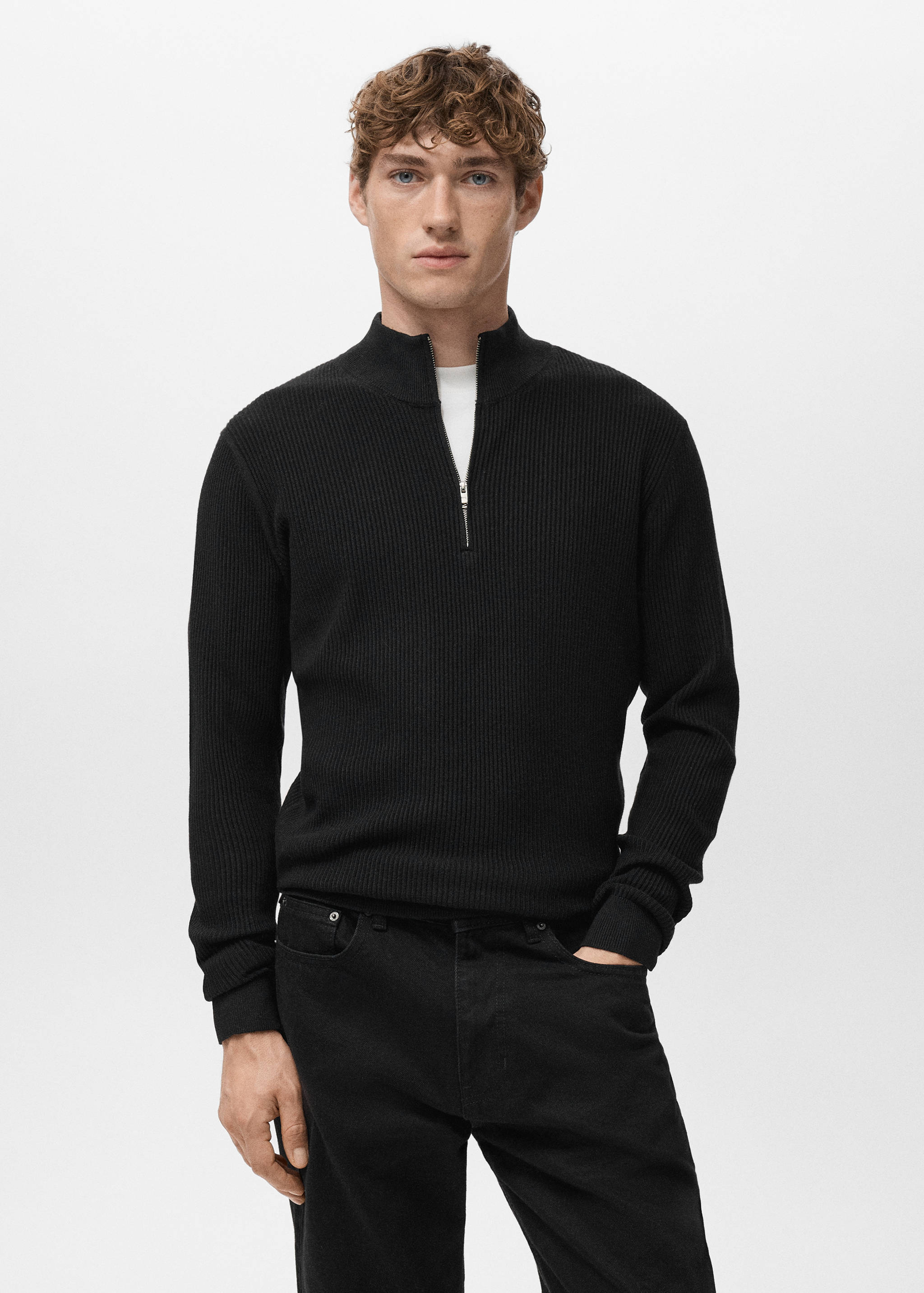 Black ribbed-knit jersey with a high zip-neck collar.