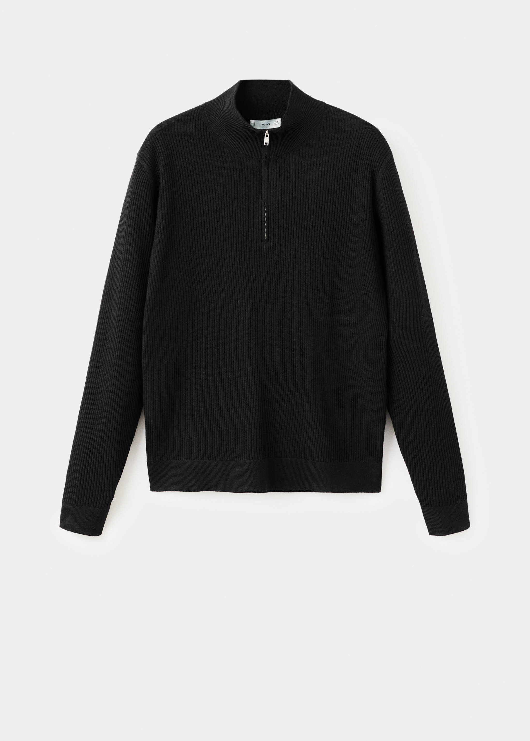 Black ribbed knit jersey with a high zip-up funnel neck.