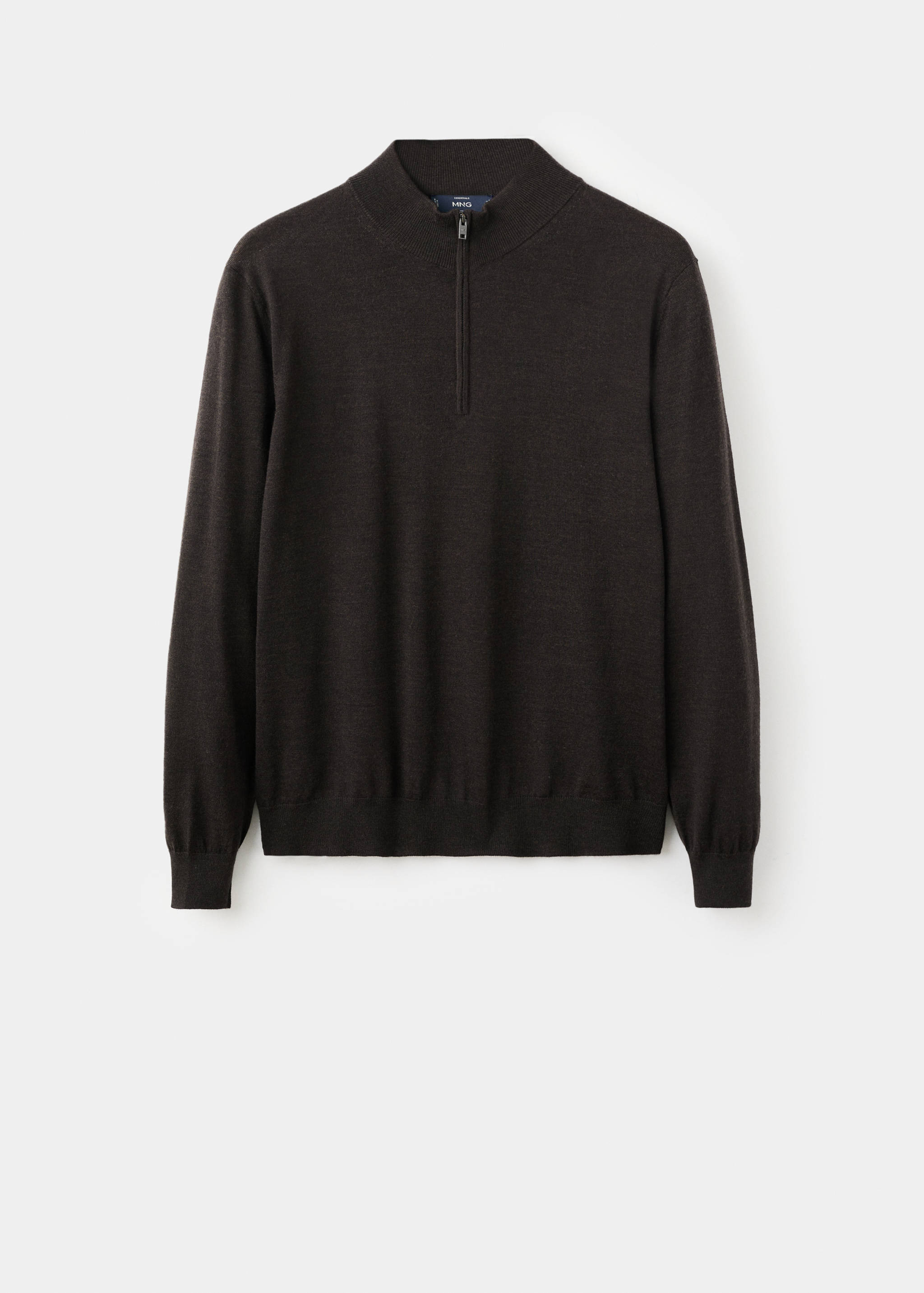 Dark brown knitted jersey with a half-zip funnel neck and ribbed trims.