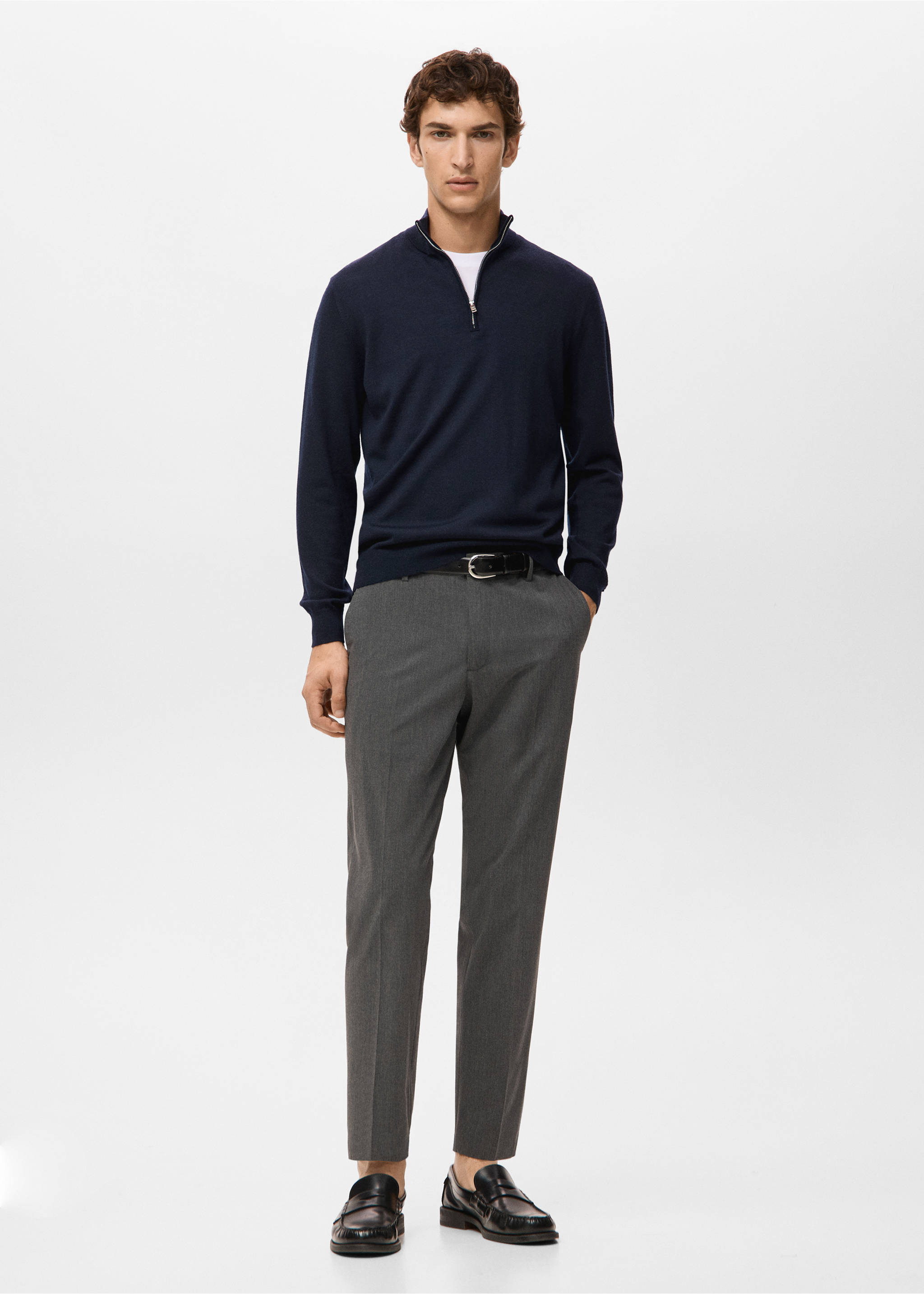 Navy blue zip-neck jersey styled with grey trousers, Navy. Ref: 27041285-00.