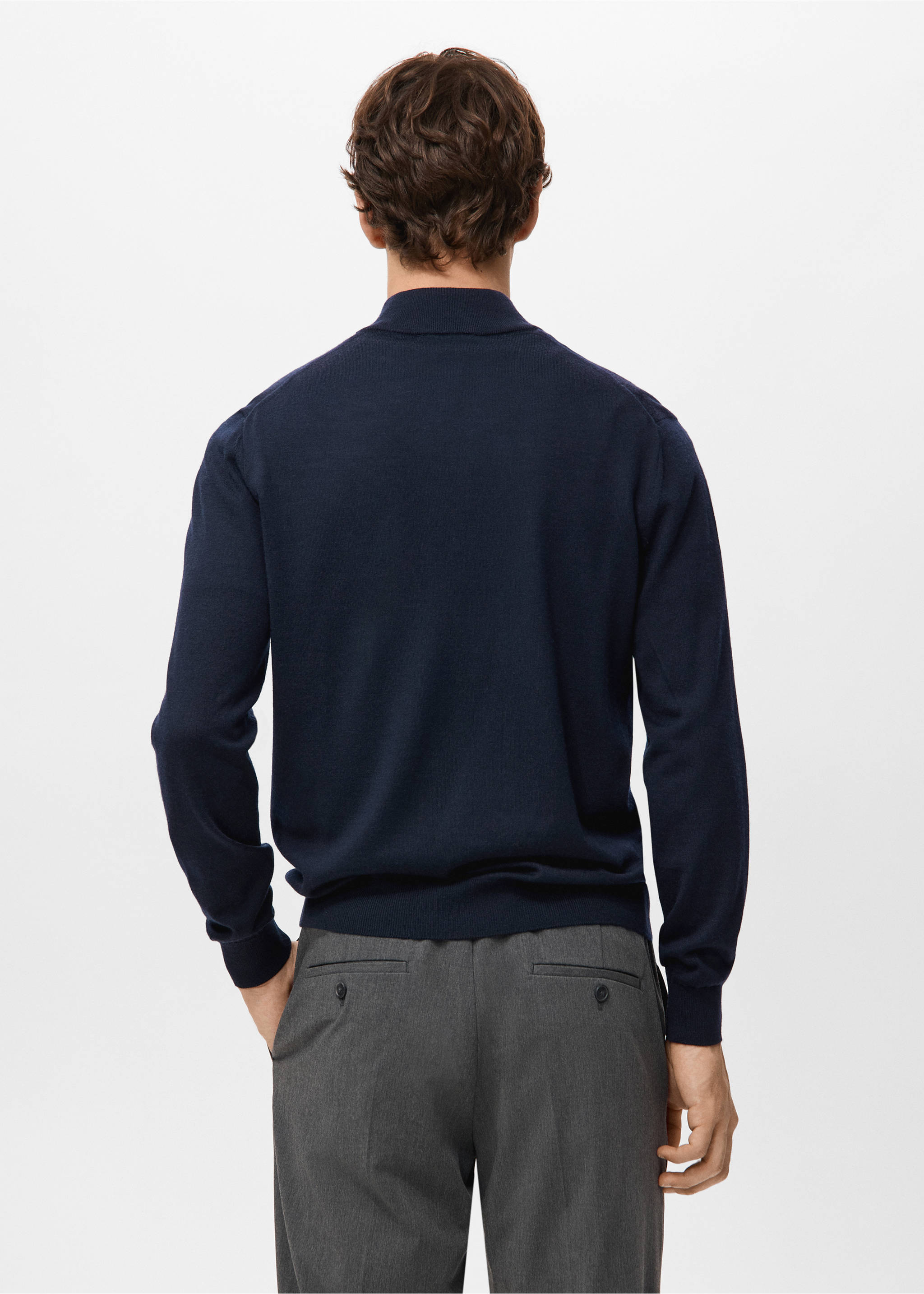 Navy blue knitted jersey with a polo collar, shown from the back., Navy. Ref: 27041285-00.