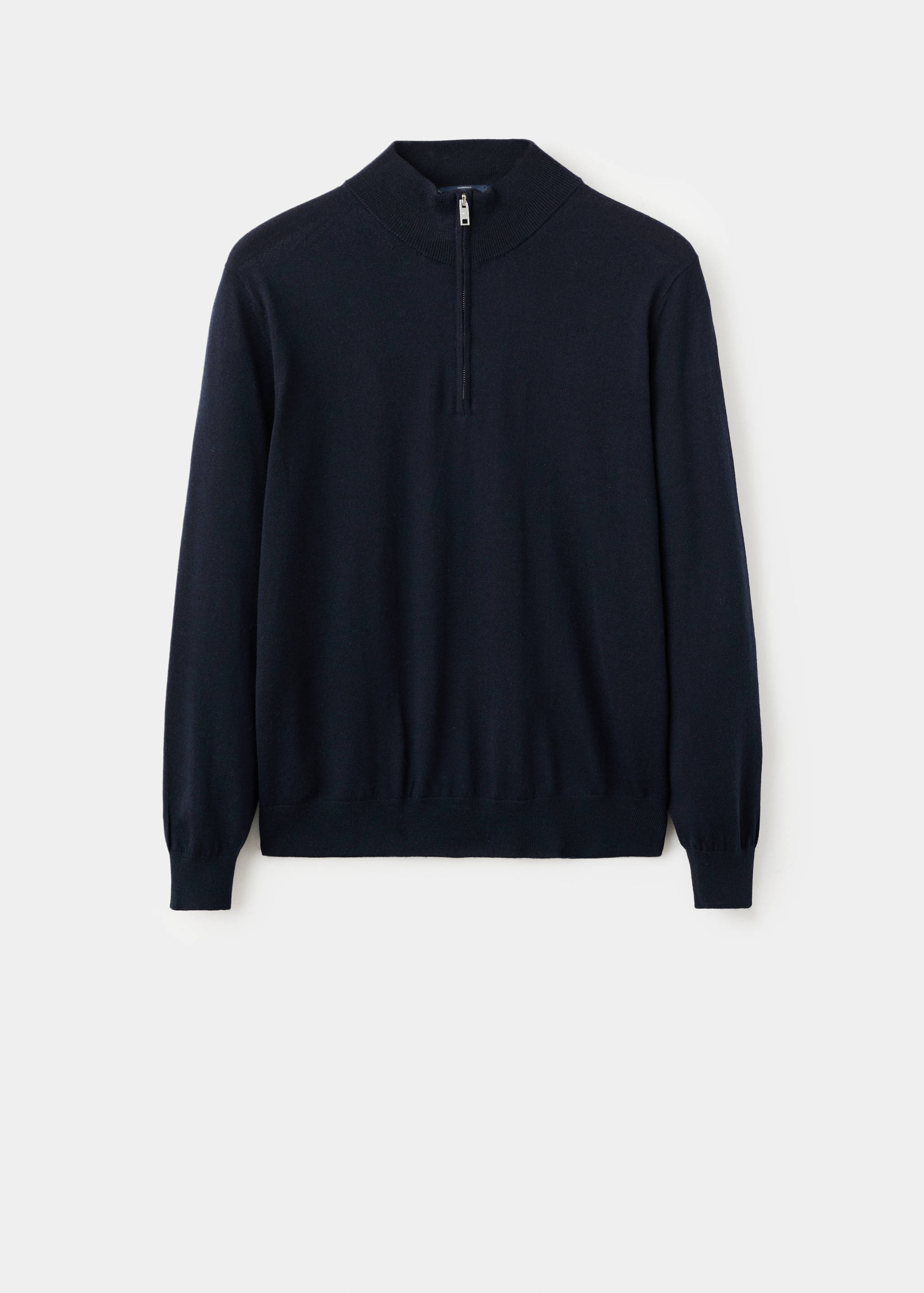 Navy blue zip-neck knitted jersey with a funnel collar.