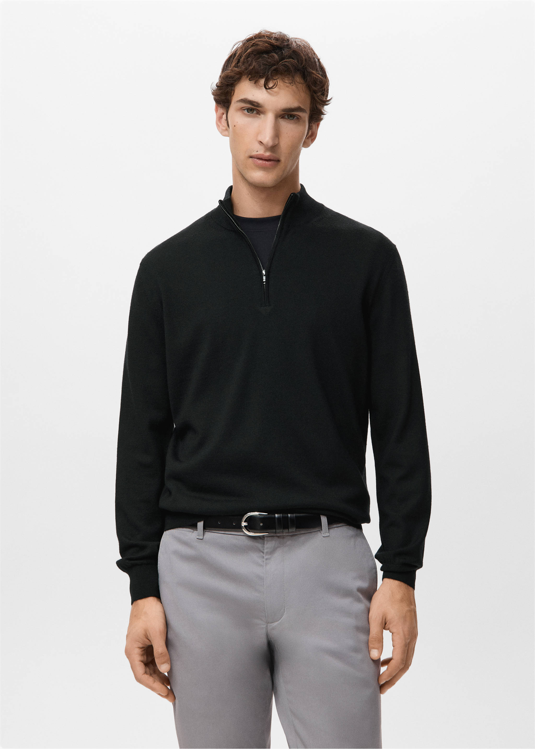 Black long-sleeved jersey with a quarter-zip mock neck., Black. Ref: 27041285-00.