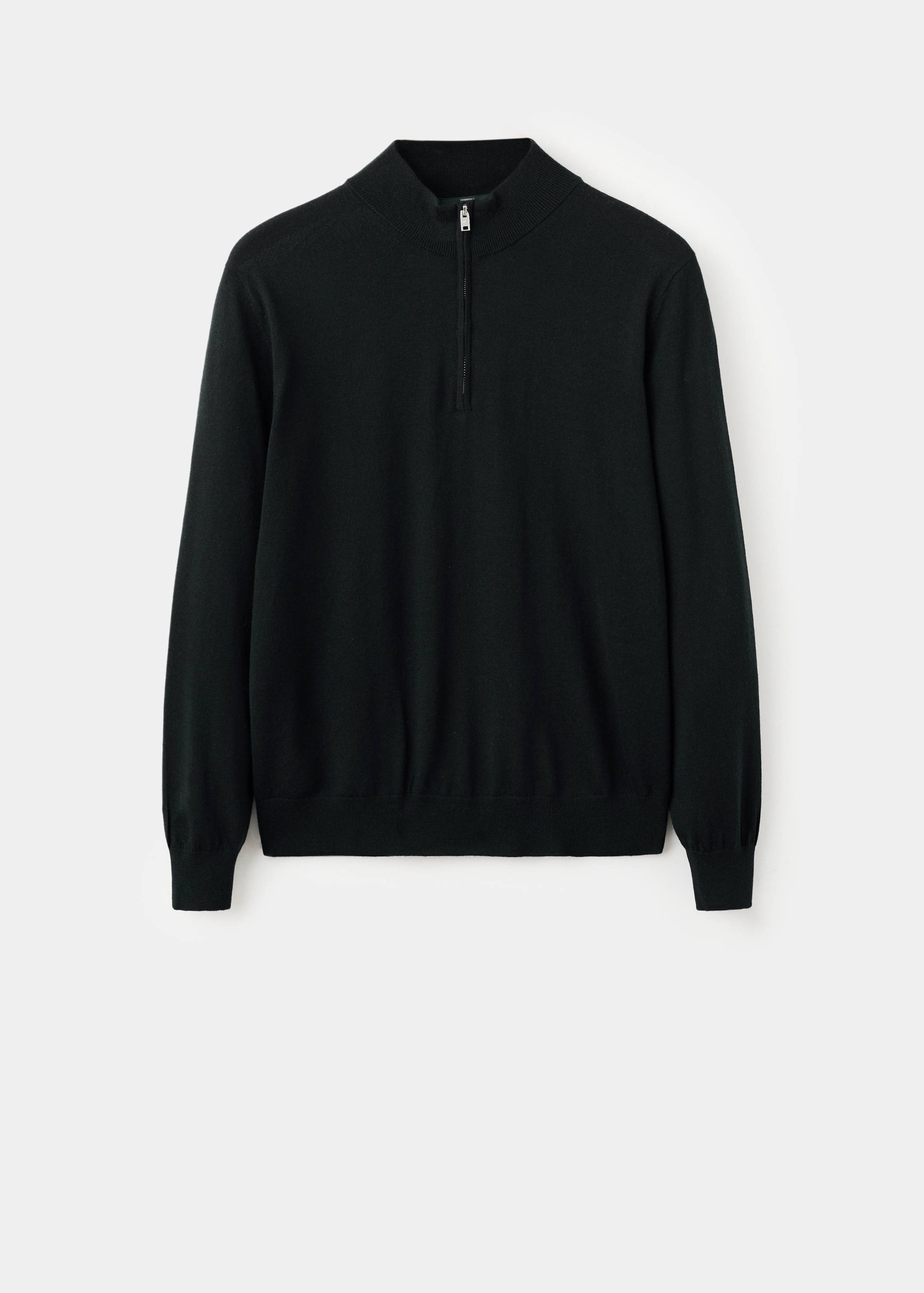 Black knit jersey with a high funnel neck and short front zip.