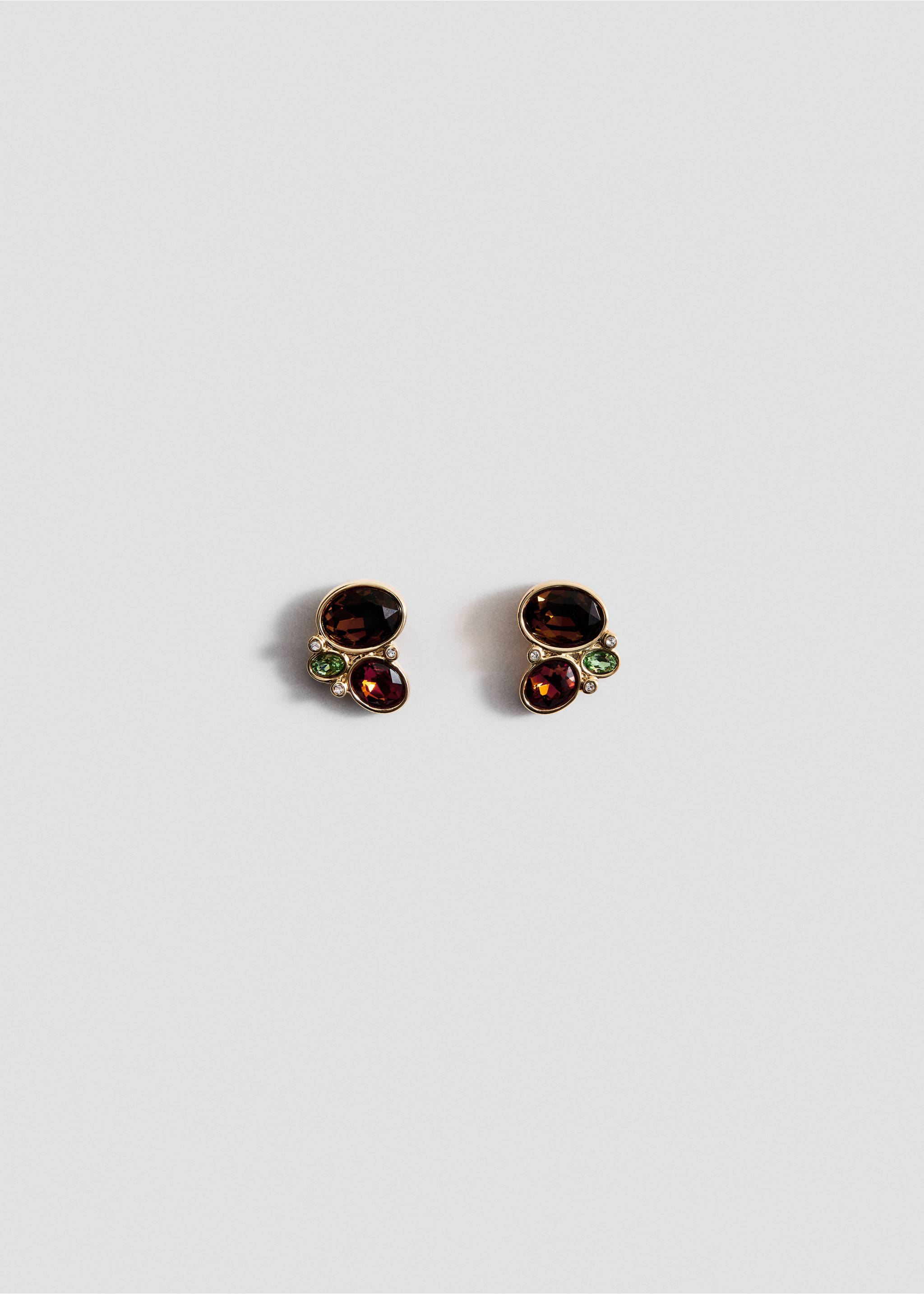 Gold-toned stud earrings with a cluster of multi-coloured faceted stones., Gold. Ref: 27041288-00.