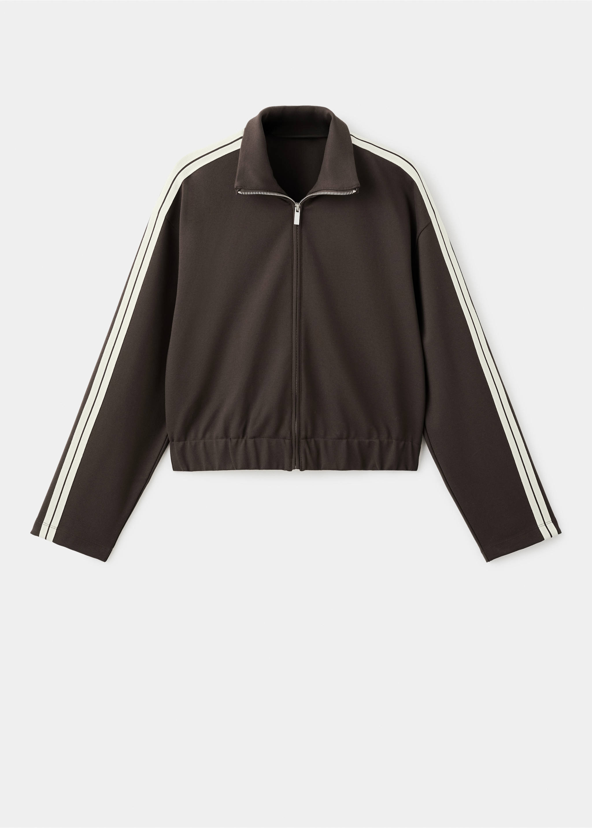 Dark brown zip-up sweatshirt with white sleeve stripes and high collar., Brown. Ref: 27043306-00.