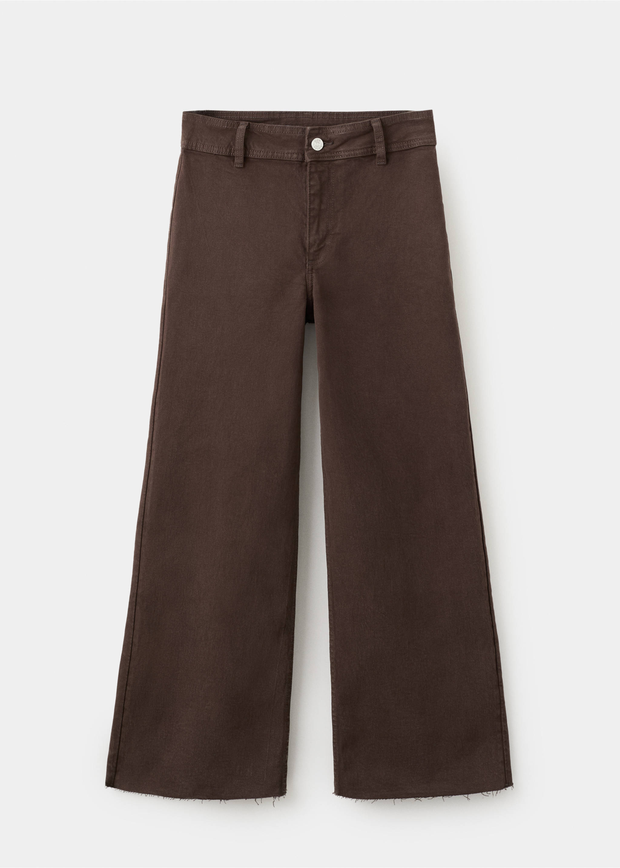 Dark brown denim trousers with a straight wide-leg silhouette and raw hems., Chocolate. Ref: 27043342-00.